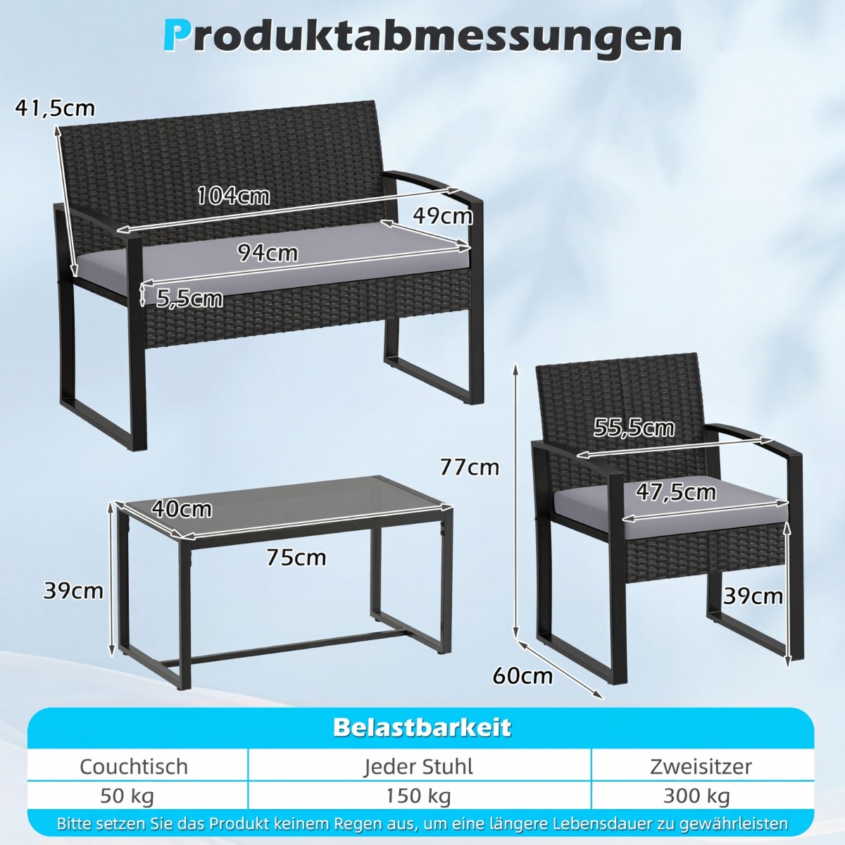 Lauko baldų komplektas juodas 8 vnt. 2