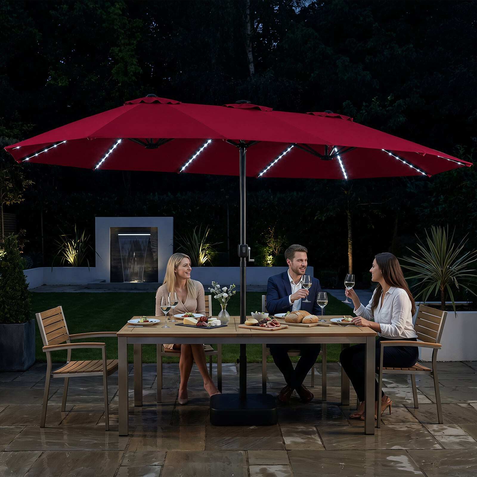 Sodo skėtis su LED apšvietimu ir pagrindu, raudonas, 472,4 × 289,6 cm