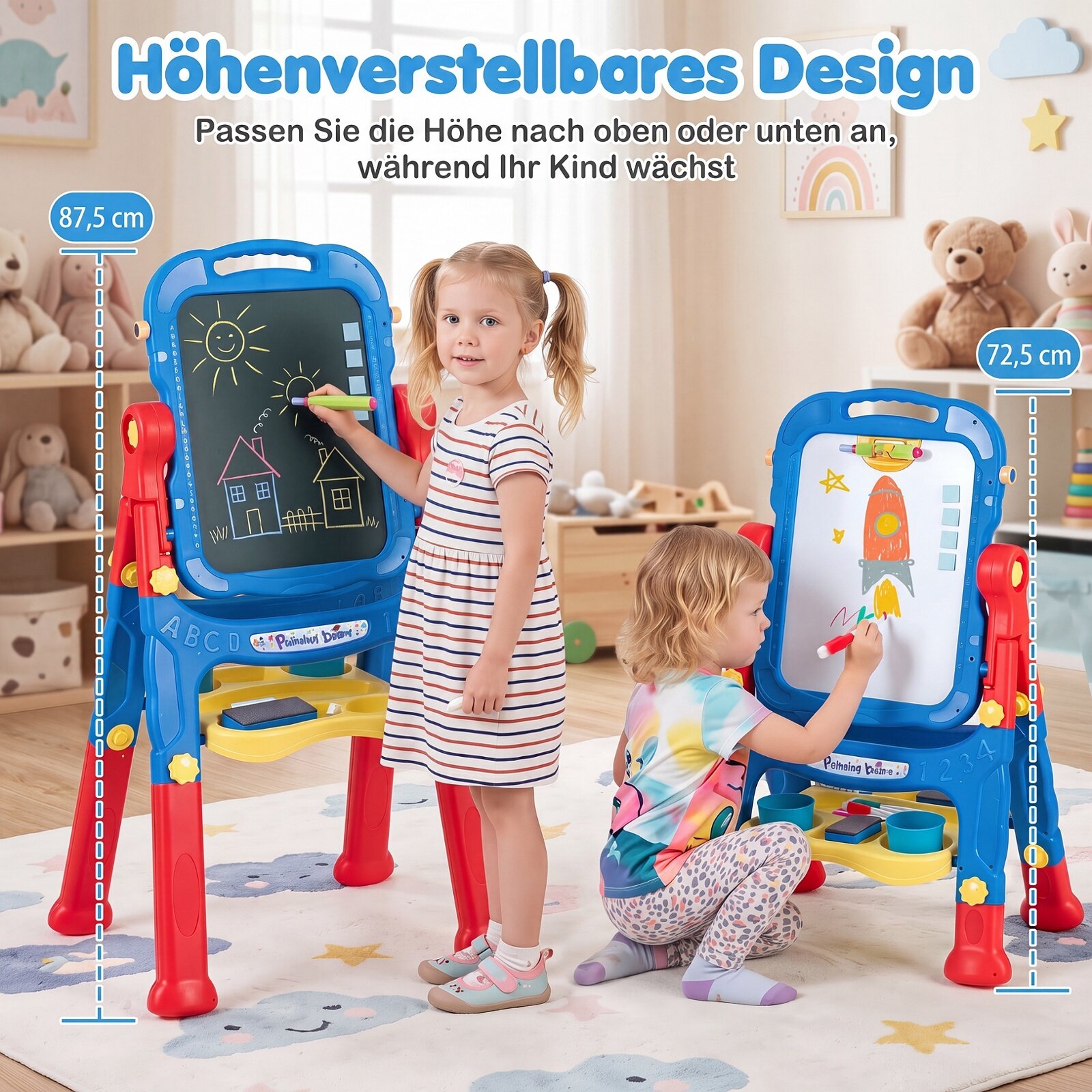 Bērnu zīmēšanas statīvs 4 vienā, regulējama augstuma, zils, 50,8 × 35,6 × 72,4/87,6 cm 2