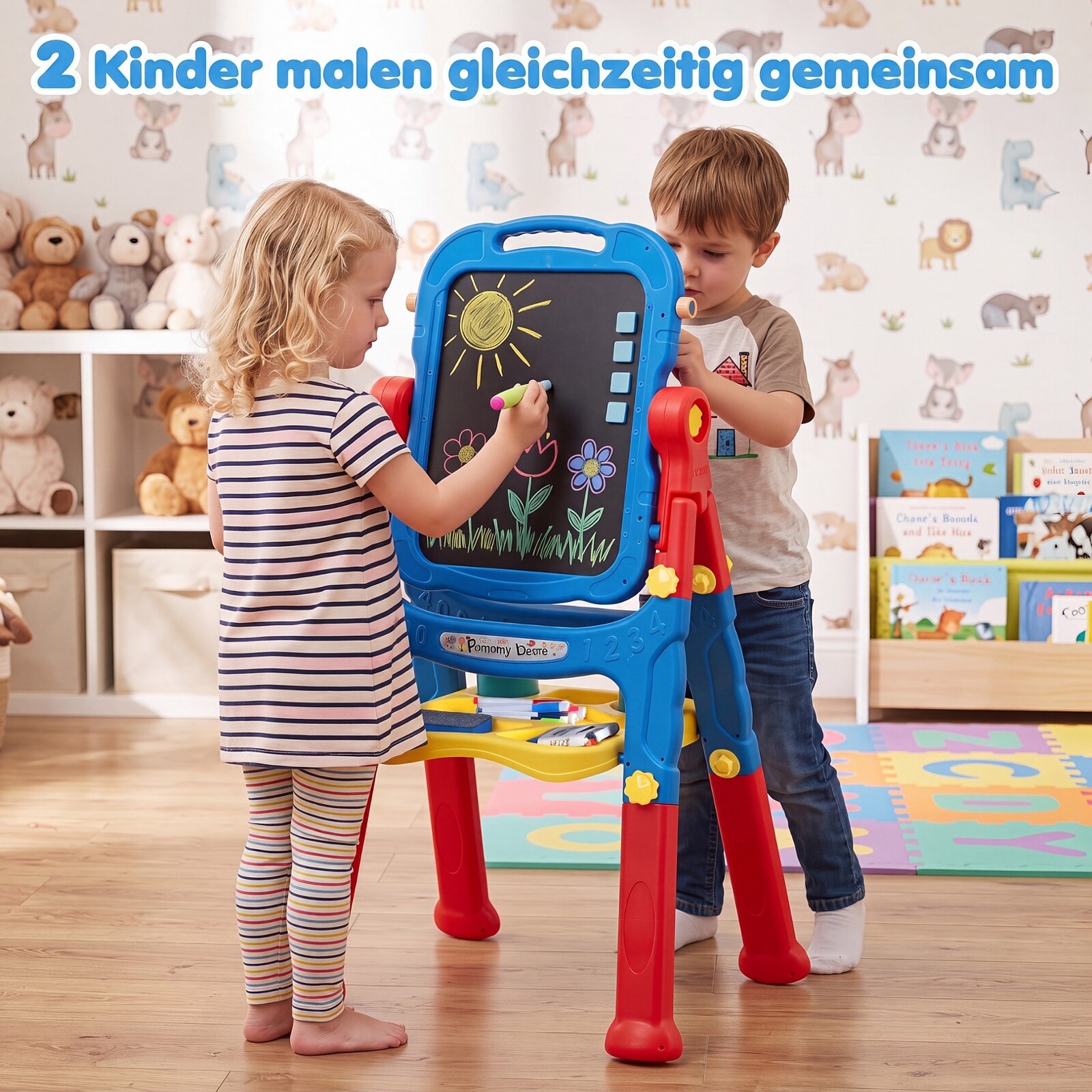 Bērnu zīmēšanas statīvs 4 vienā, regulējama augstuma, zils, 50,8 × 35,6 × 72,4/87,6 cm