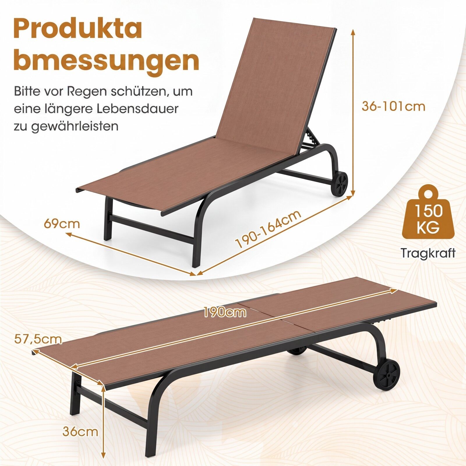 Gultų komplektas su ratukais ir 6 padėčių reguliuojama atrama, rudas, 190–164 × 69 × 36–101 cm, 2 vnt.
