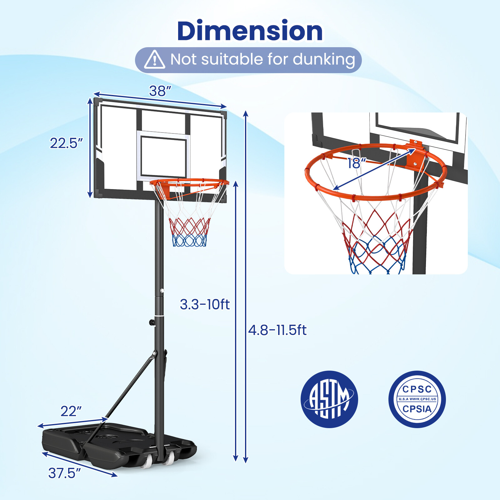 Basketbola statīvs, ar regulējamu augstumu, ar riteņiem, melns, 146,3–350,5 cm