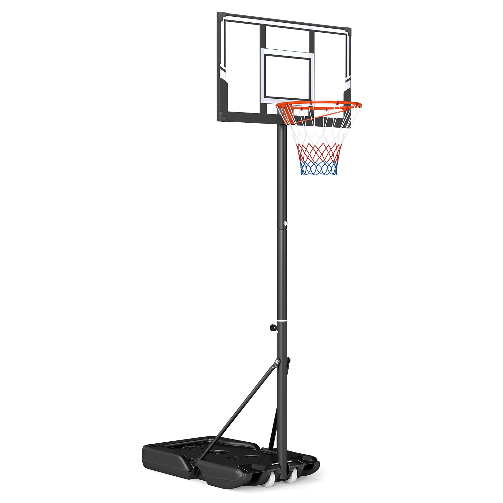 Basketbola statīvs, ar regulējamu augstumu, ar riteņiem, melns, 146,3–350,5 cm