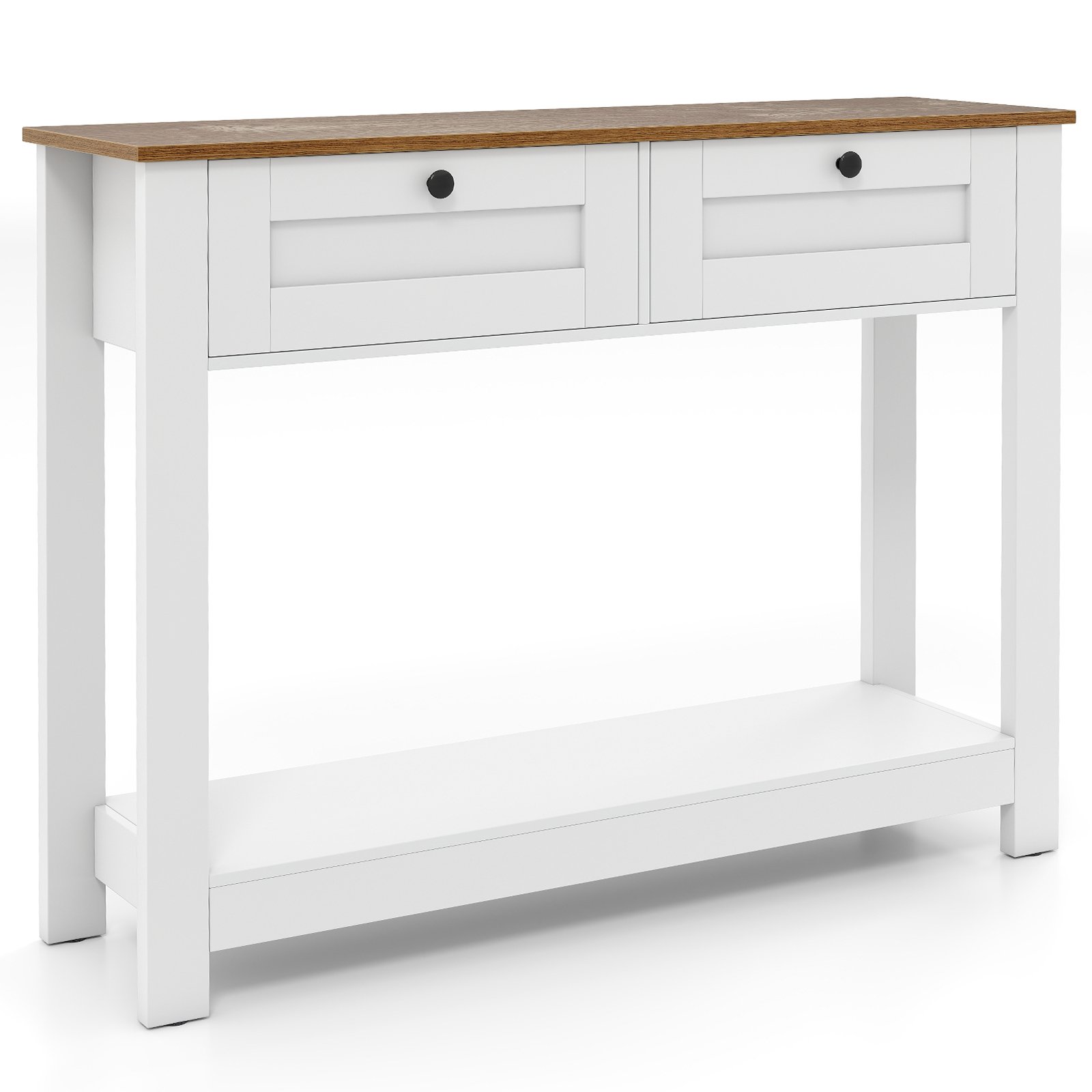 Konsolinis staliukas su 2 stalčiais, natūralios medienos ir baltos spalvos, 106 × 30 × 81 cm