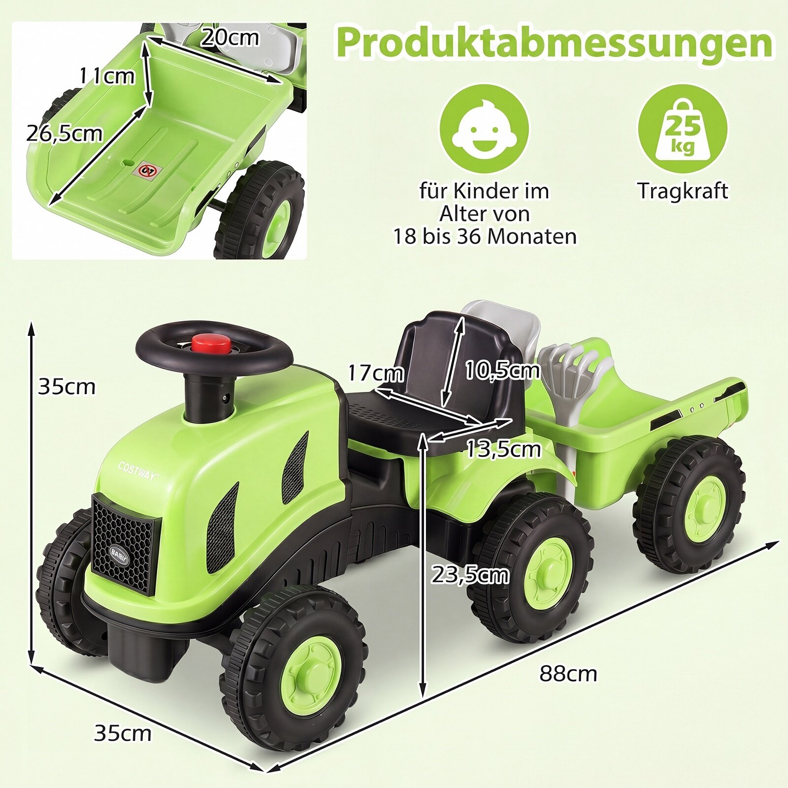 Stumjamais traktors ar noņemamu piekabi, zaļš, 88 × 35 × 35 cm