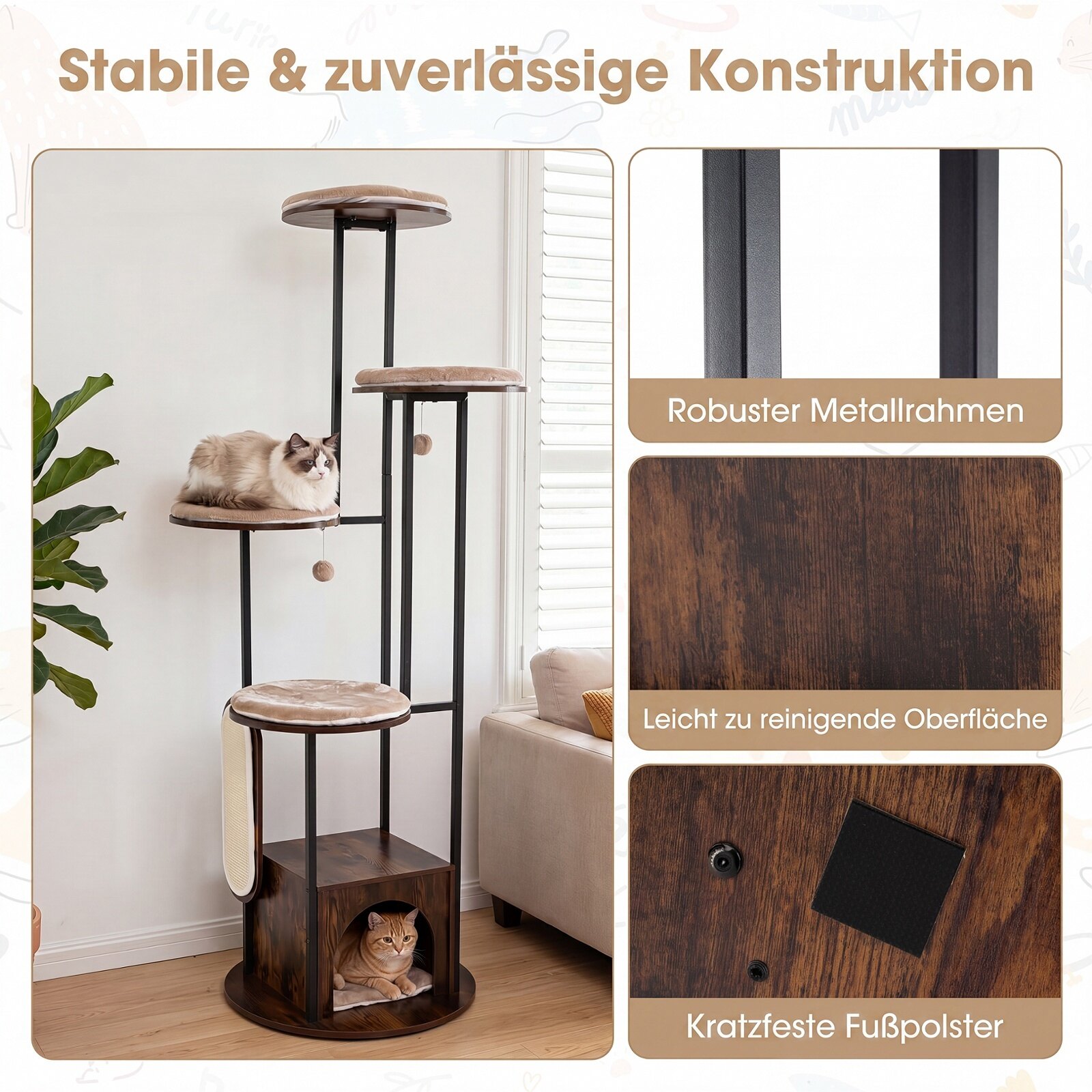 Kaķu skrāpējamais tornis ar mājiņu un mazgājamiem paklājiņiem, brūns, 182,9 cm 3