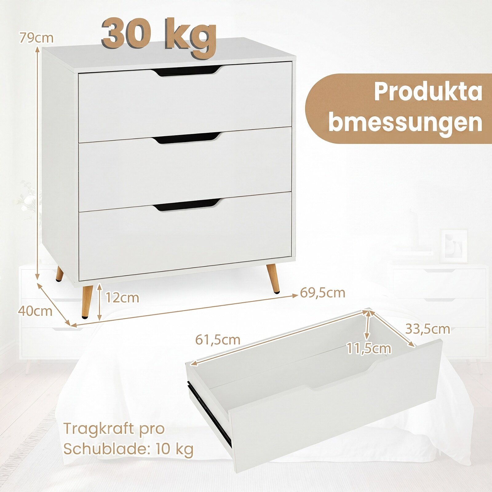 Komoda su 3 stalčiais ir metalinėmis kojomis, balta, 69,5 × 40 × 79 cm