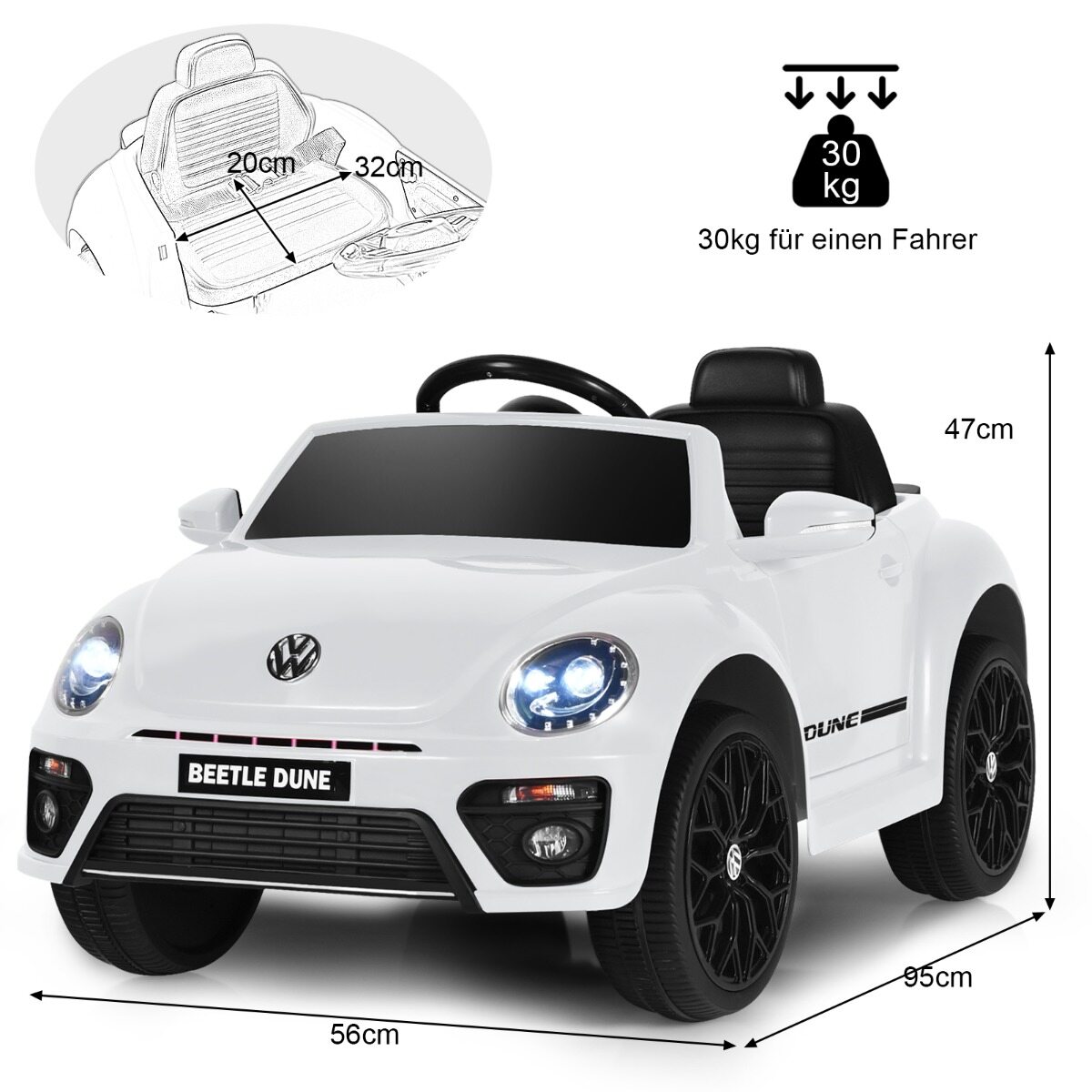 Vaikiškas elektromobilis Volkswagen Beetle su nuotoliniu valdymu, baltas, 94 × 55,5 × 47 cm 3