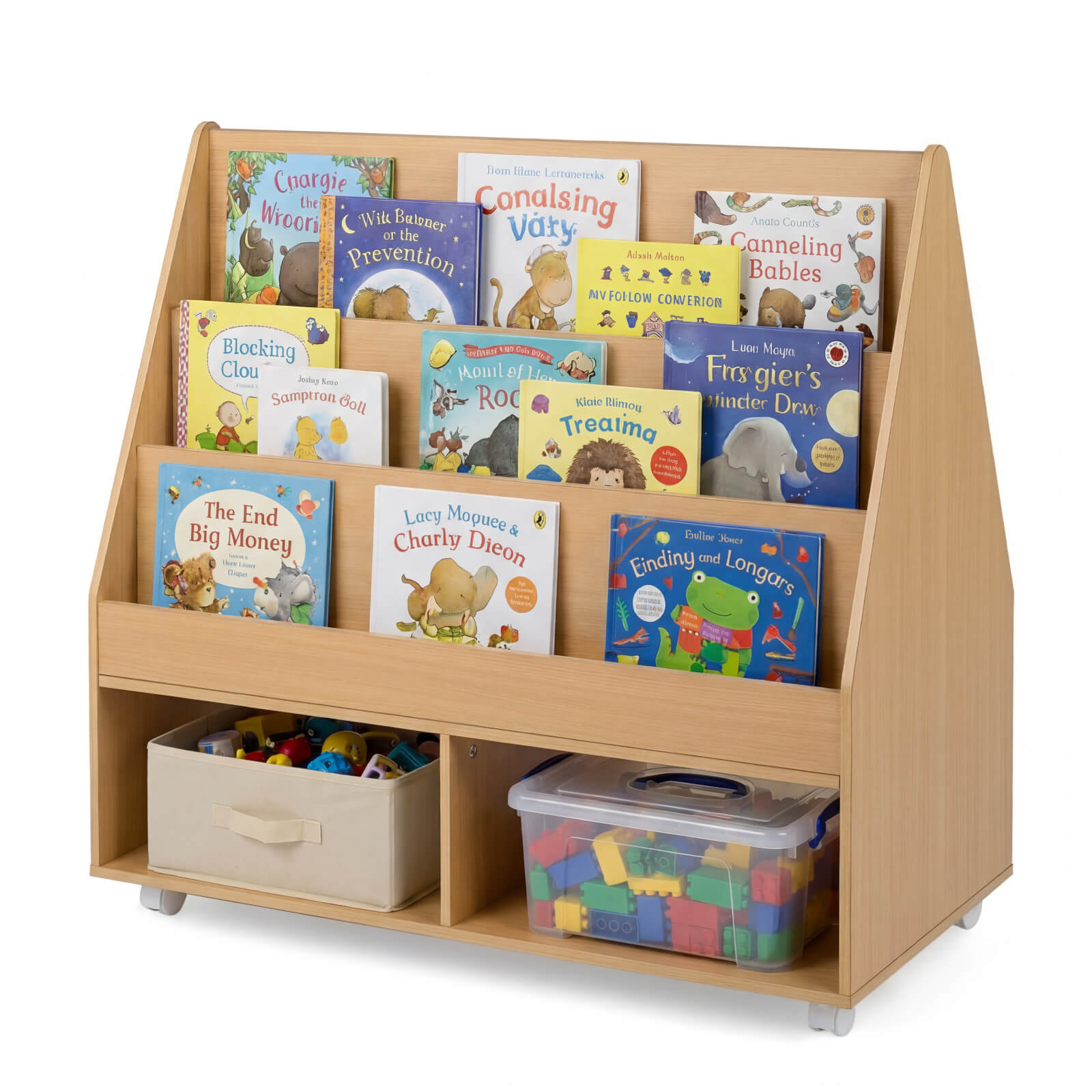 Dvipusė vaikų knygų lentyna ant ratukų Natūrali/balta