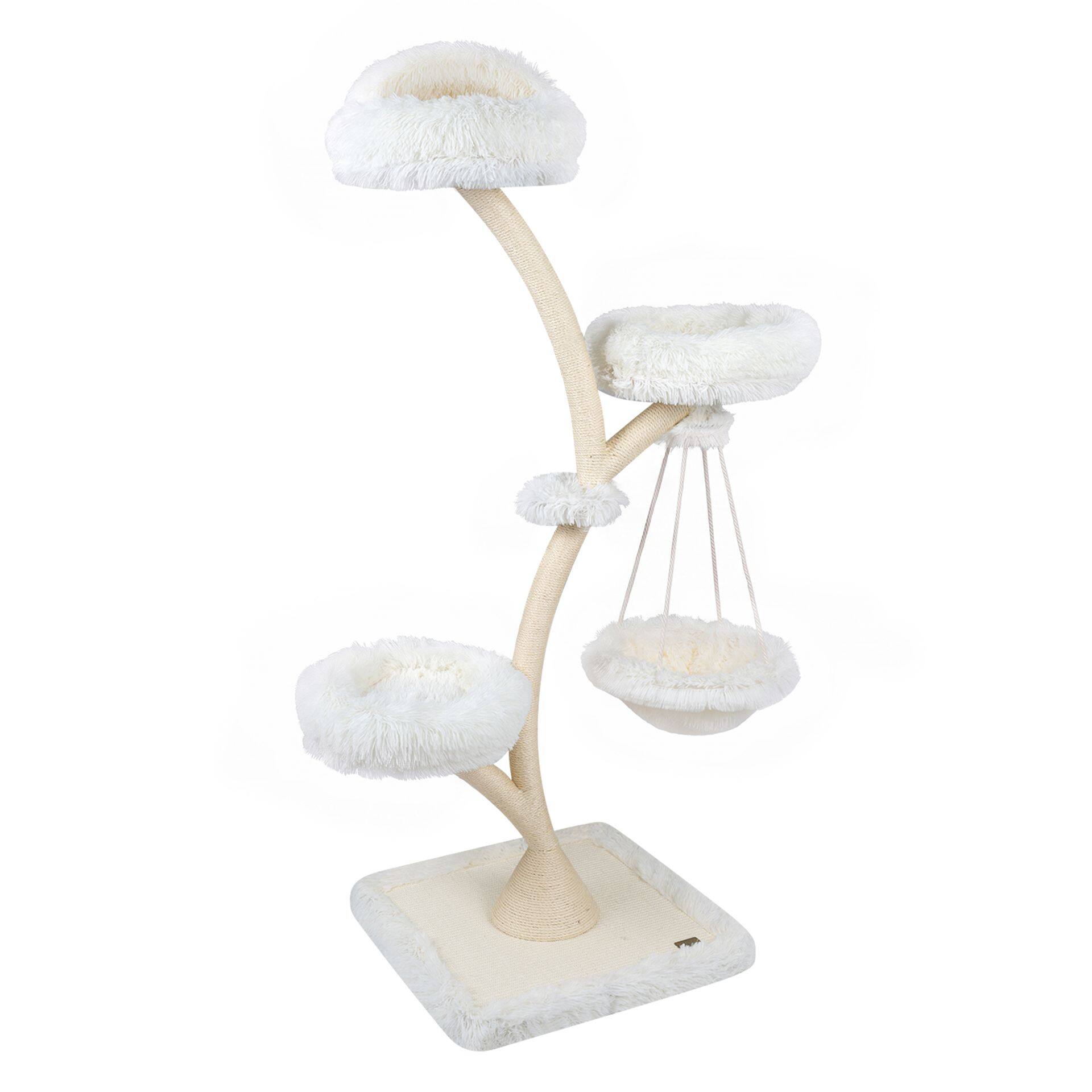 Kaķu skrāpētājs ar šūpuļtīklu un 2 guļvietām, pelēks / smilškrāsas, 168,9 cm