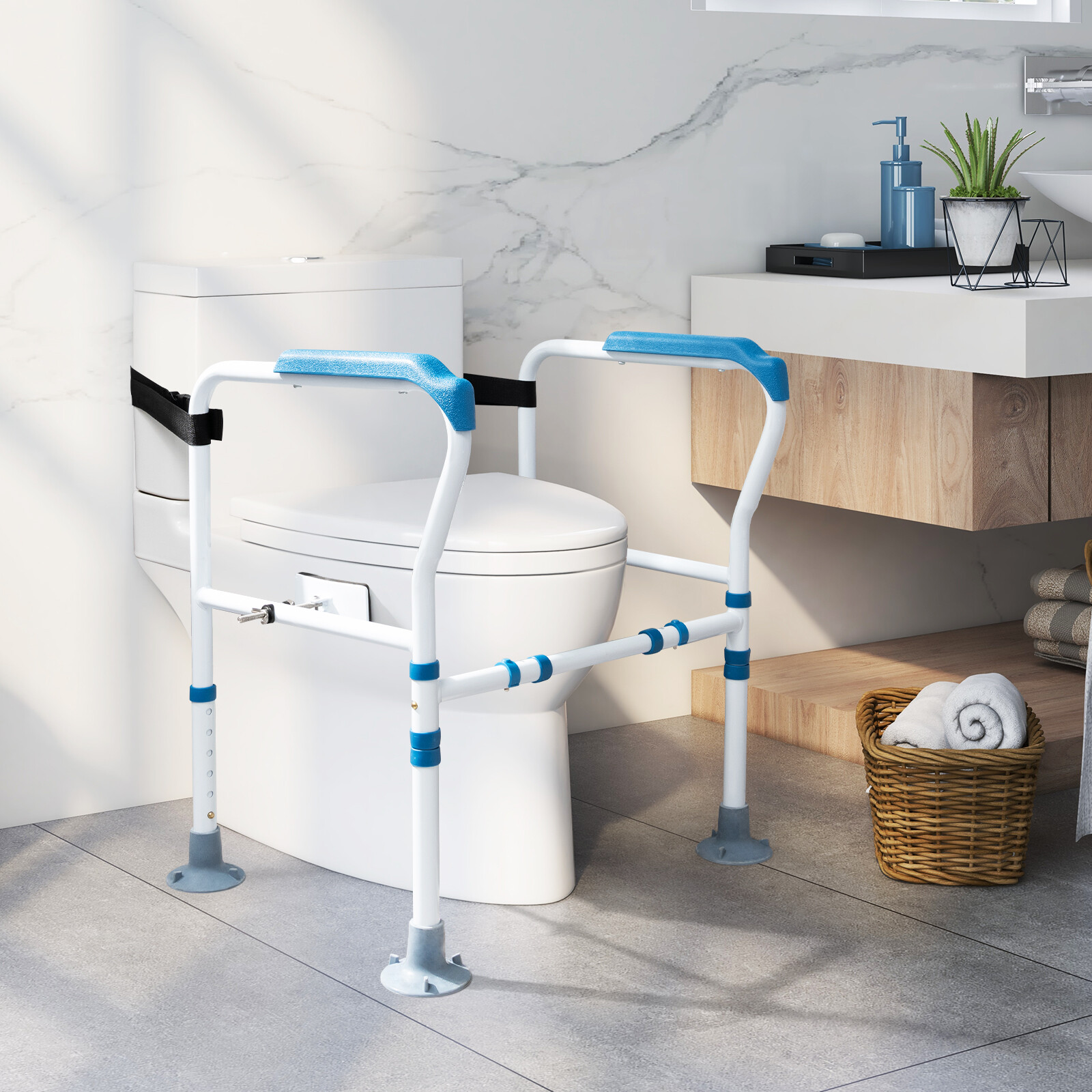 Tualetes drošības rokturis, regulējama augstuma, zila un balta, 62,2–67,3 × 49,5 × 64,8–77,5 cm
