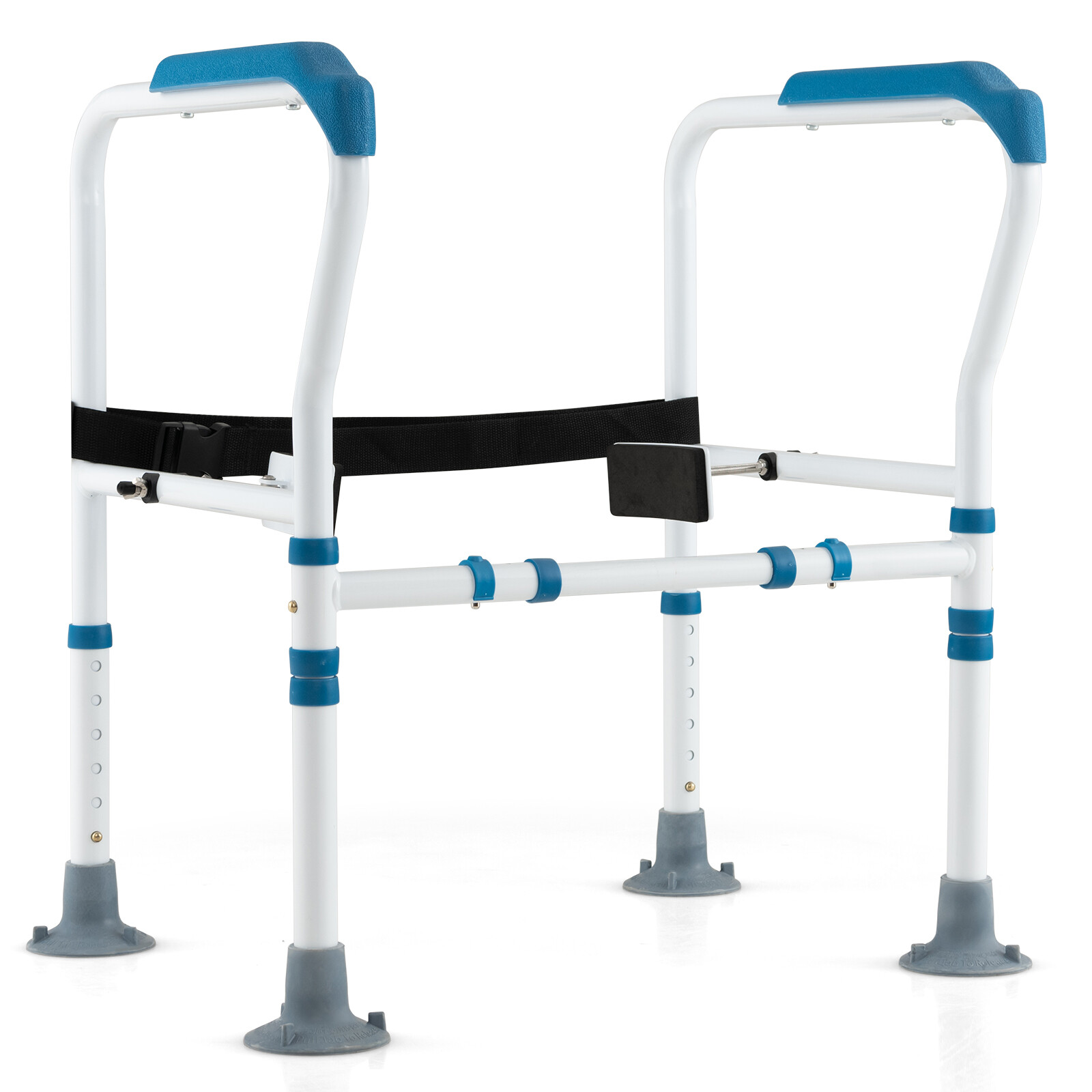 Tualetes drošības rokturis, regulējama augstuma, zila un balta, 62,2–67,3 × 49,5 × 64,8–77,5 cm