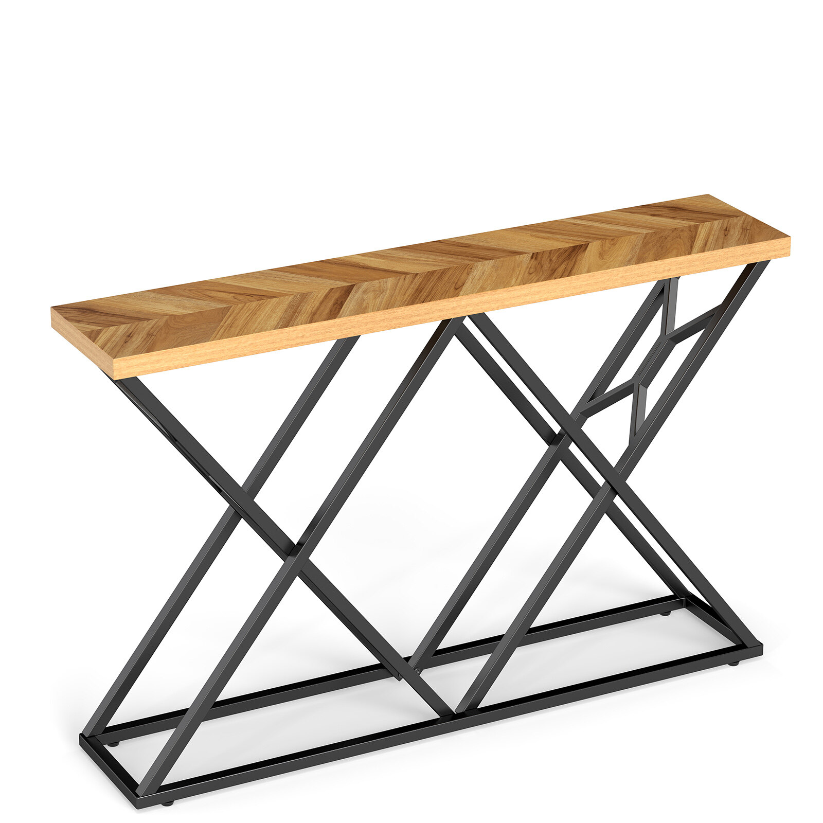Konsolinis stalas su metaliniu rėmu ir 4 cm stalviršiu, medienos spalvos, 139,7 × 30,5 × 91,4 cm