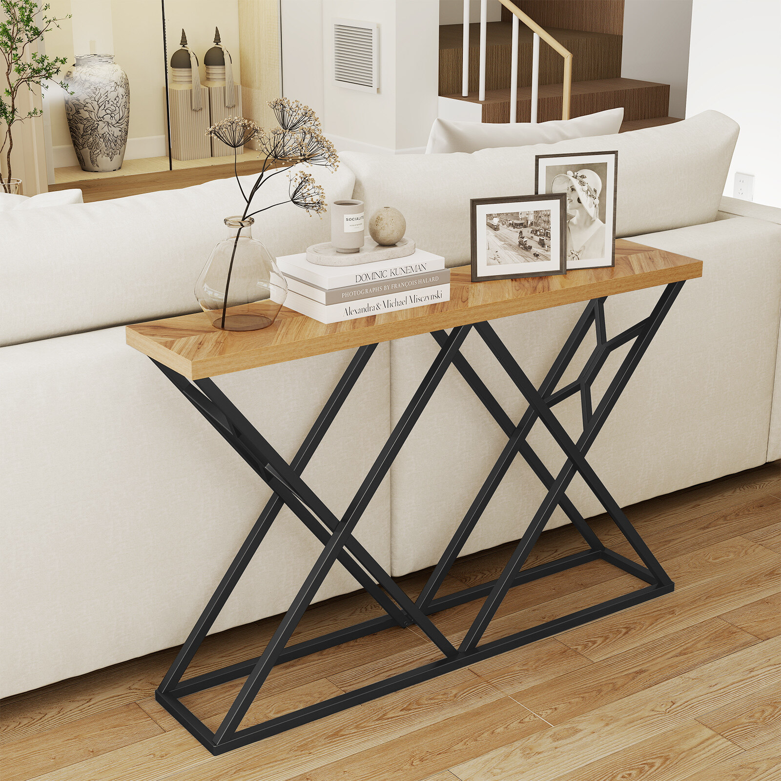 Konsolinis stalas su metaliniu rėmu ir 4 cm stalviršiu, medienos spalvos, 139,7 × 30,5 × 91,4 cm 2