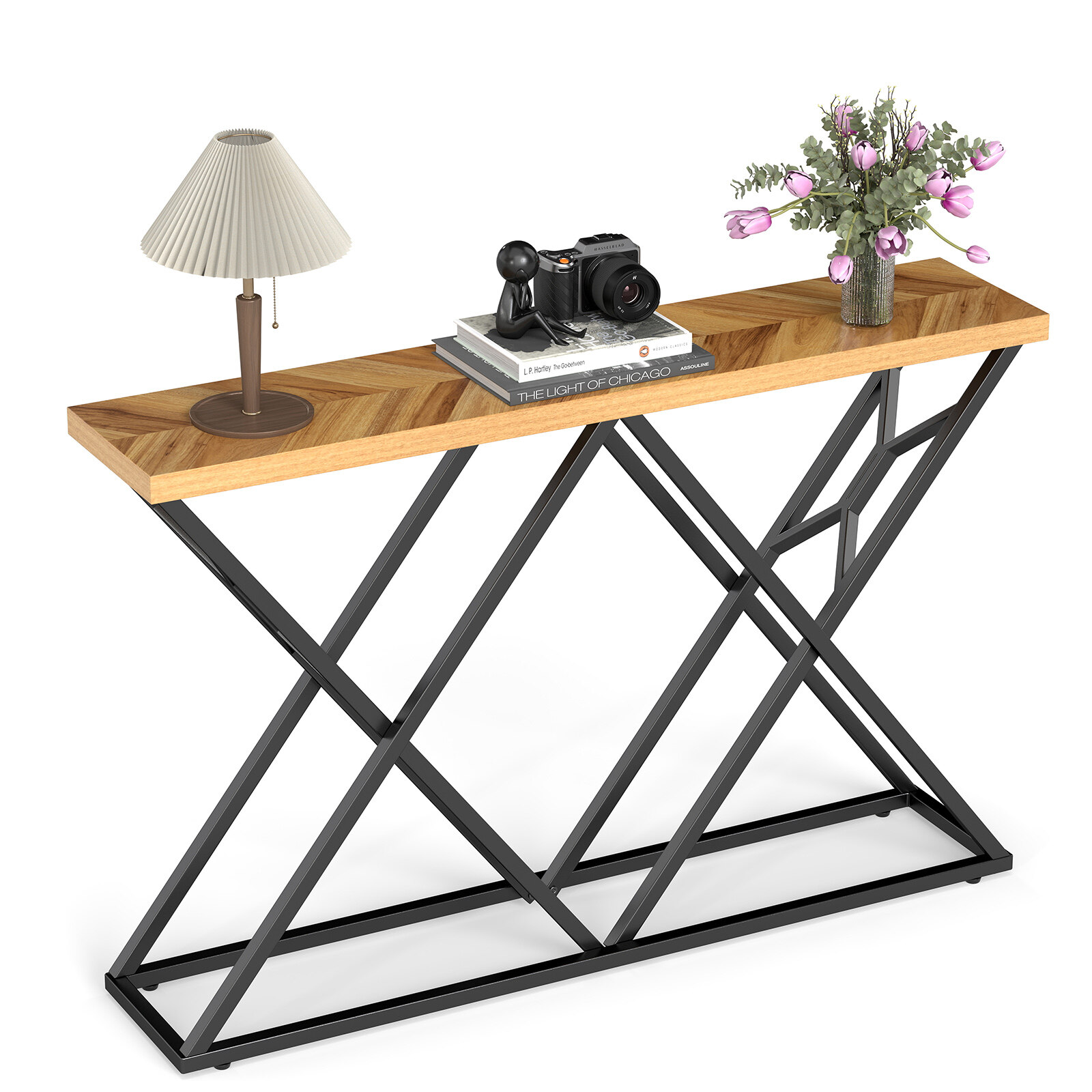 Konsolinis stalas su metaliniu rėmu ir 4 cm stalviršiu, medienos spalvos, 139,7 × 30,5 × 91,4 cm 3