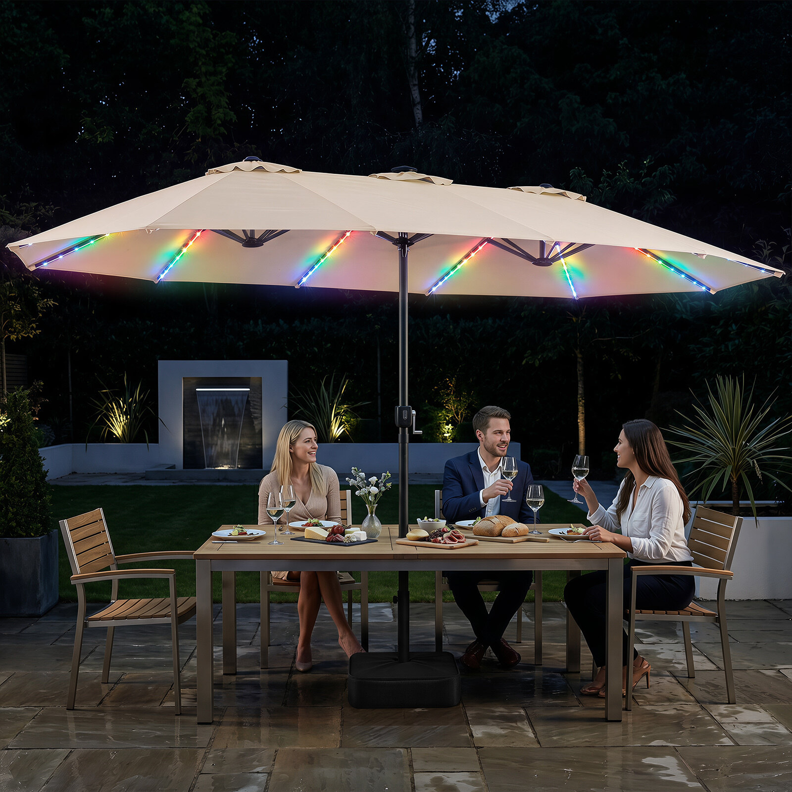 Sodo skėtis dvipusis su 144 LED lemputėmis, smėlio spalvos, 436 × 258 × 254 cm 3