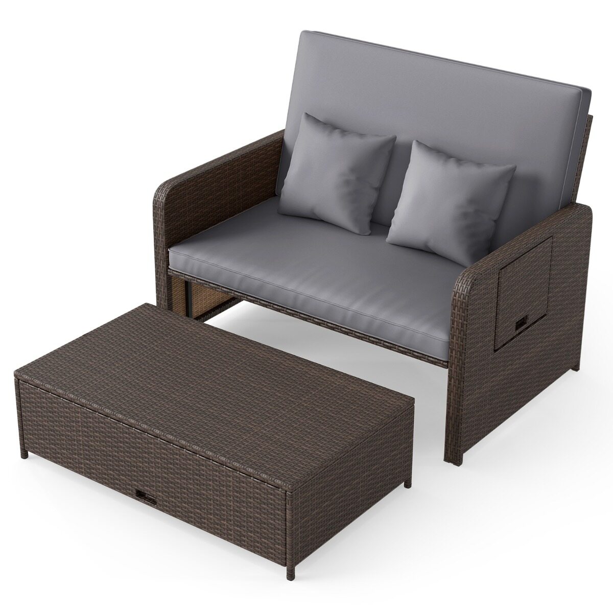 Lauko suoliukas su 4 padėčių reguliuojamu atlošu ir pufu su daiktadėže, mišrios rudos spalvos, 166/122 × 70–111 × 55–88 cm, 2 dalių