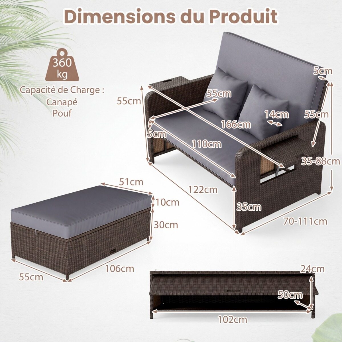 Lauko suoliukas su 4 padėčių reguliuojamu atlošu ir pufu su daiktadėže, mišrios rudos spalvos, 166/122 × 70–111 × 55–88 cm, 2 dalių 2
