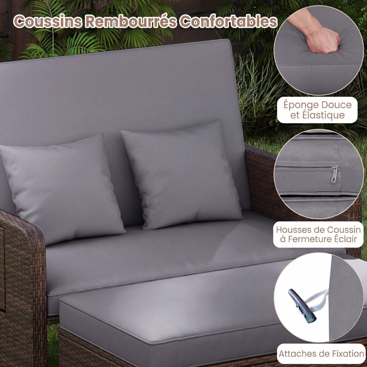 Lauko suoliukas su 4 padėčių reguliuojamu atlošu ir pufu su daiktadėže, mišrios rudos spalvos, 166/122 × 70–111 × 55–88 cm, 2 dalių 3