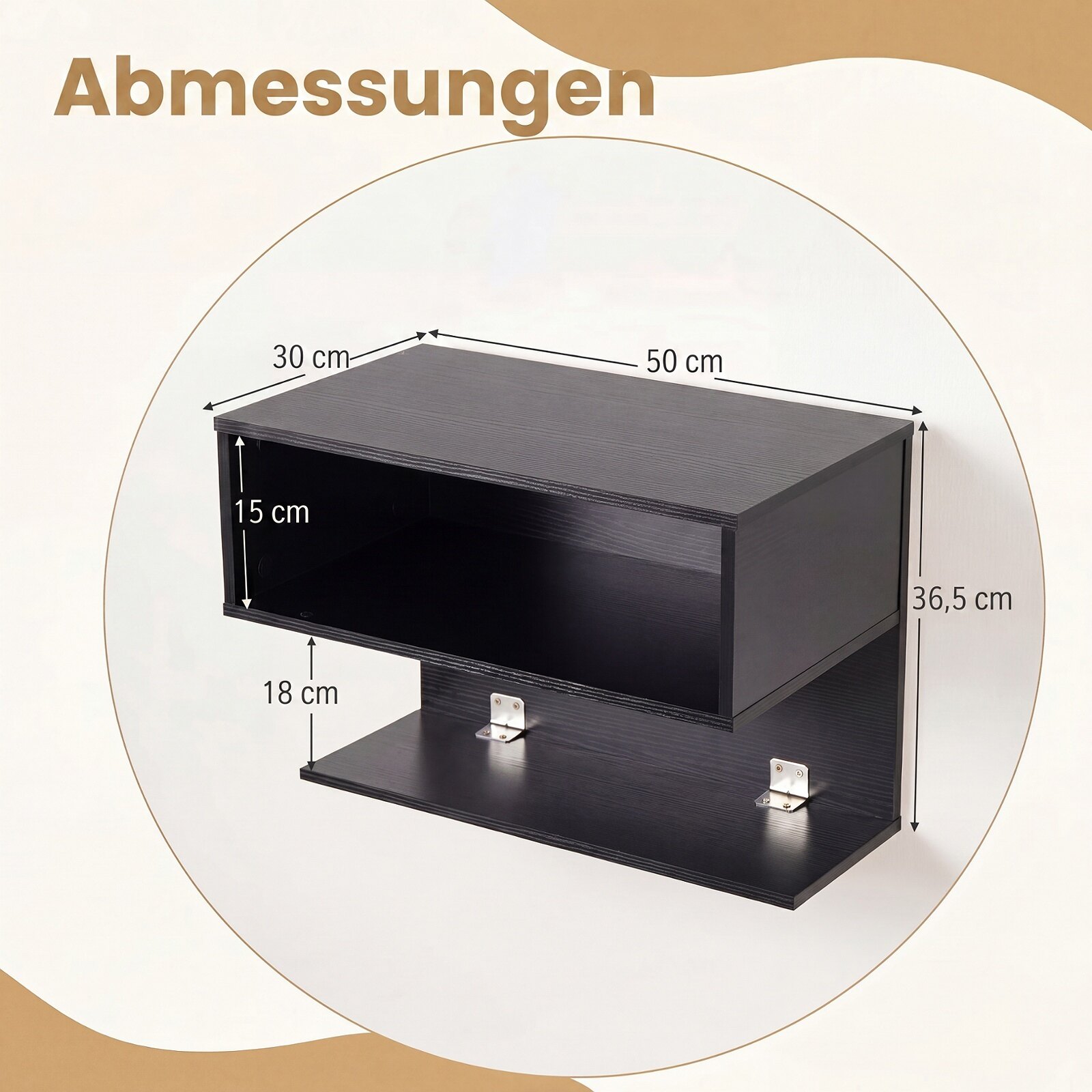 Sieninė naktinė spintelė su 2 atviromis lentynomis, juoda, 50 x 30 x 36,5 cm