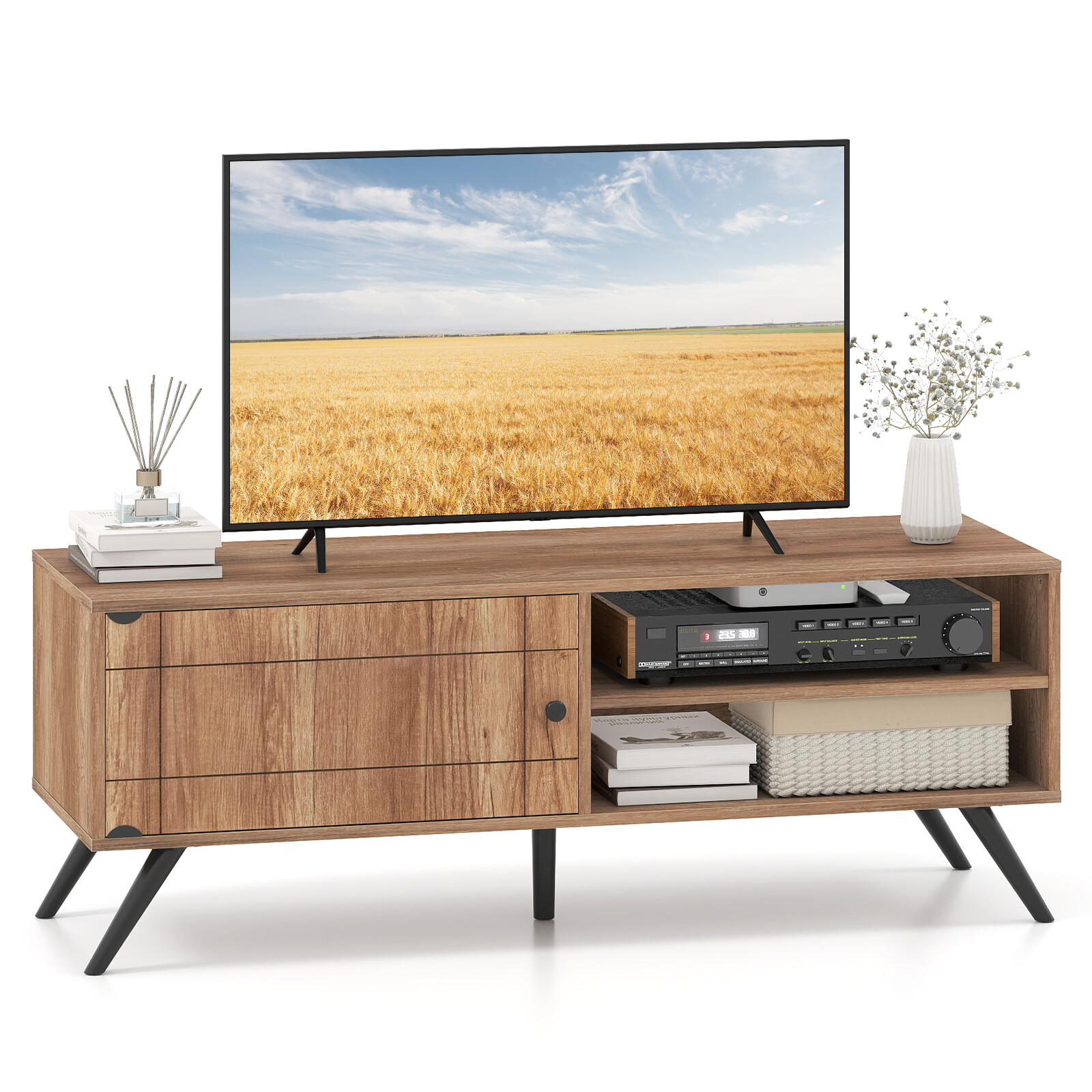 TV staliukas su spintele ir atviromis lentynomis, ąžuolo spalvos, 121,9 × 40,6 × 44,5 cm