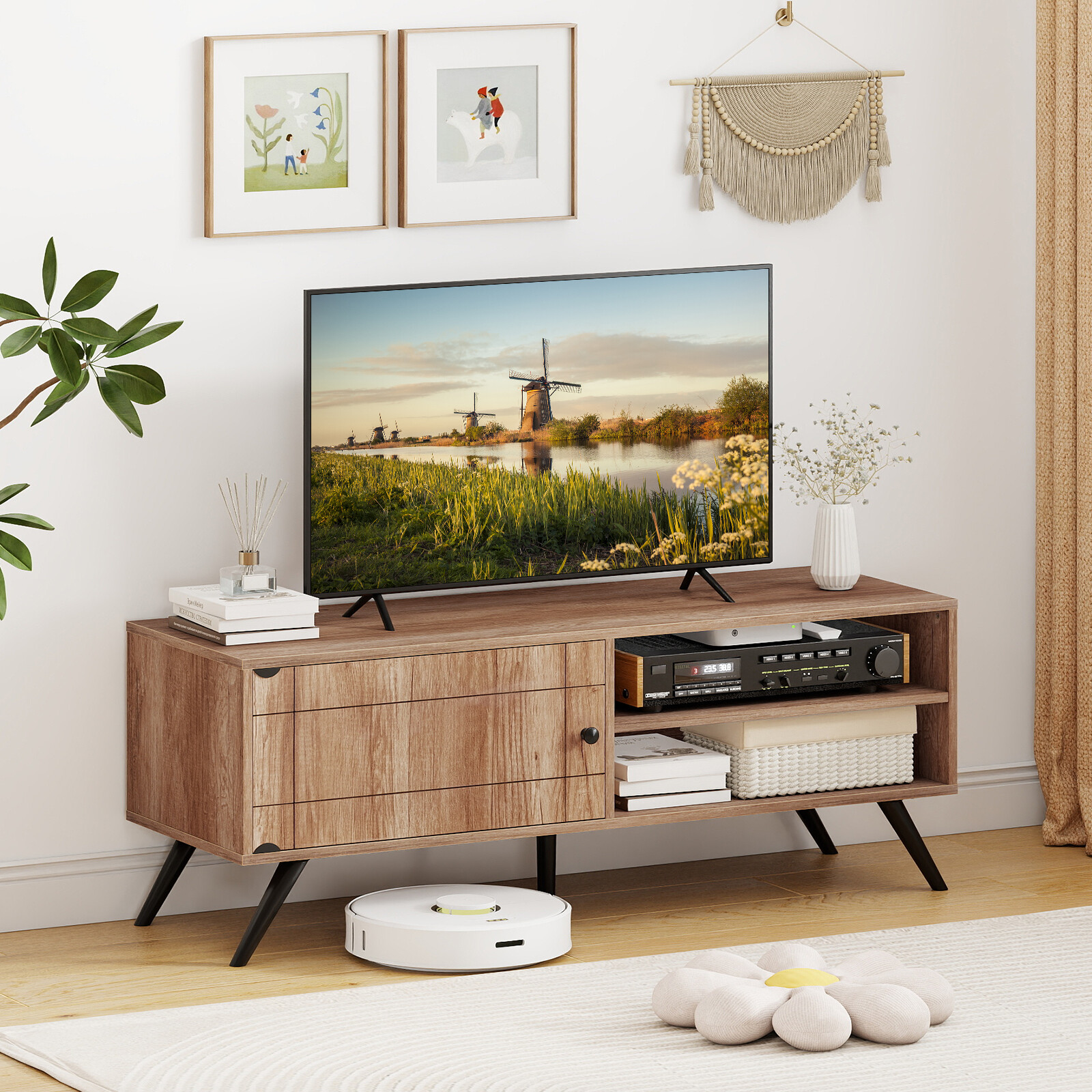 TV staliukas su spintele ir atviromis lentynomis, ąžuolo spalvos, 121,9 × 40,6 × 44,5 cm