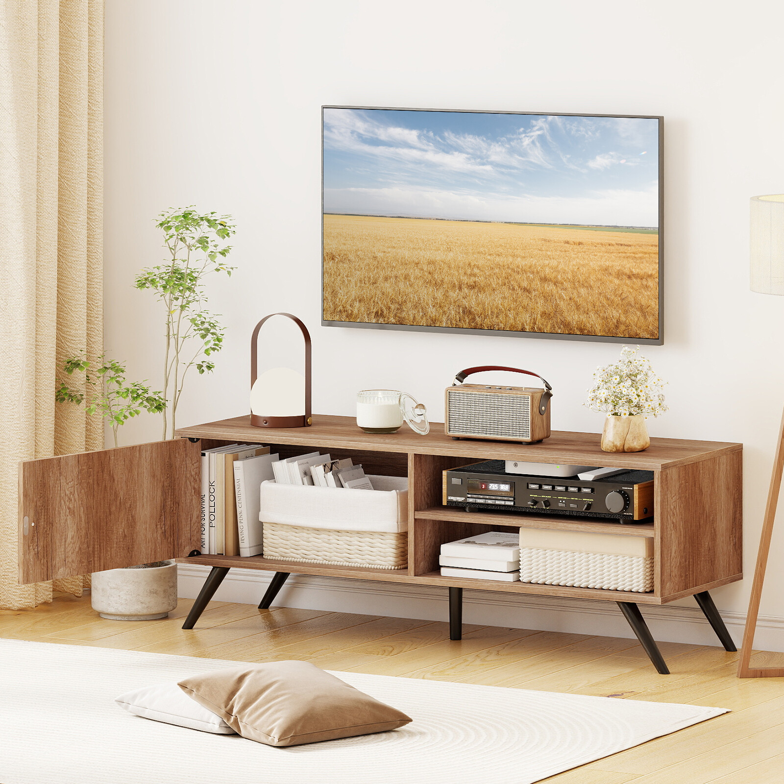 TV staliukas su spintele ir atviromis lentynomis, ąžuolo spalvos, 121,9 × 40,6 × 44,5 cm 2