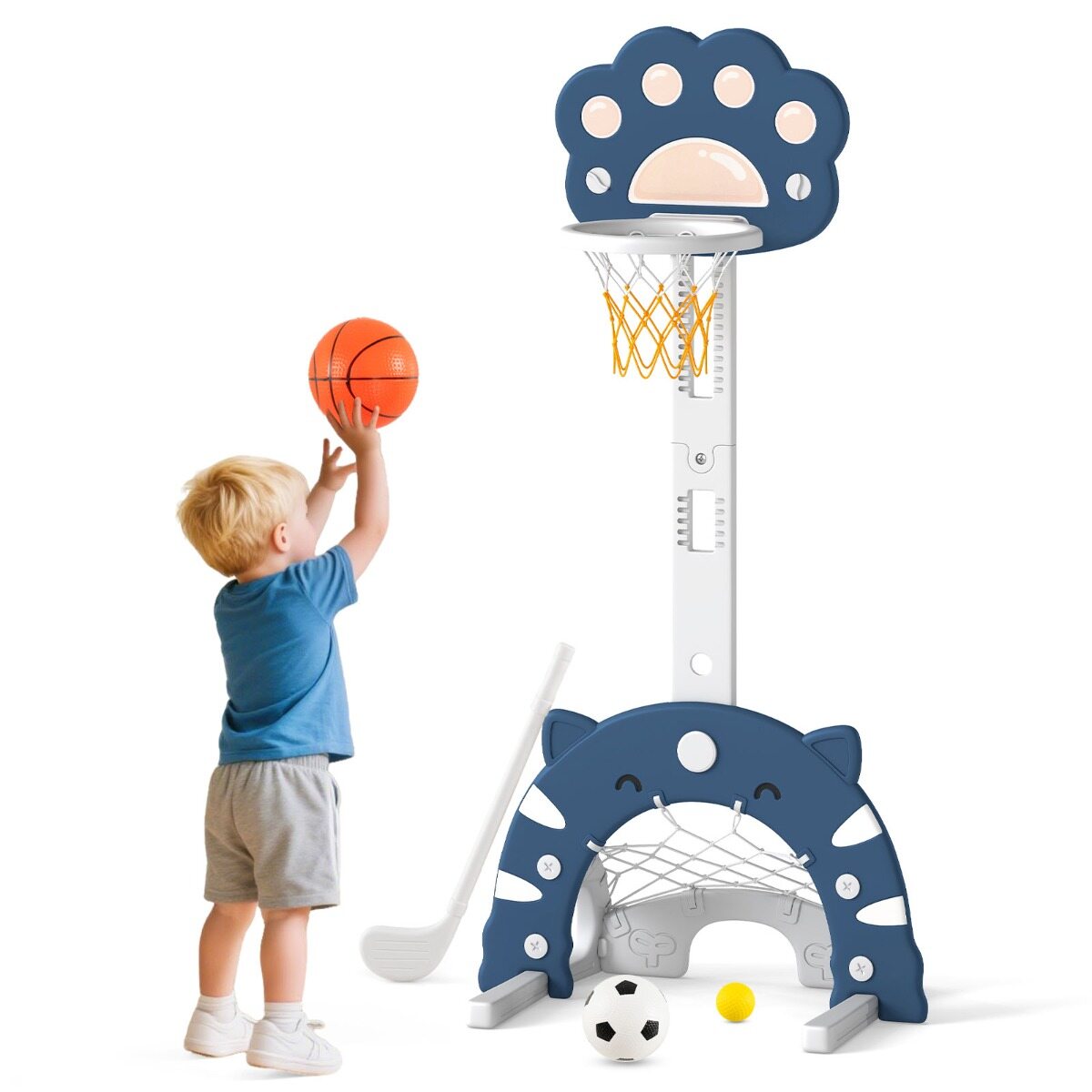 Vaikiškas sporto žaidimų rinkinys 3 viename, reguliuojamo aukščio, tamsiai mėlynas ir pilkas, 65 × 49 × 130–151 cm