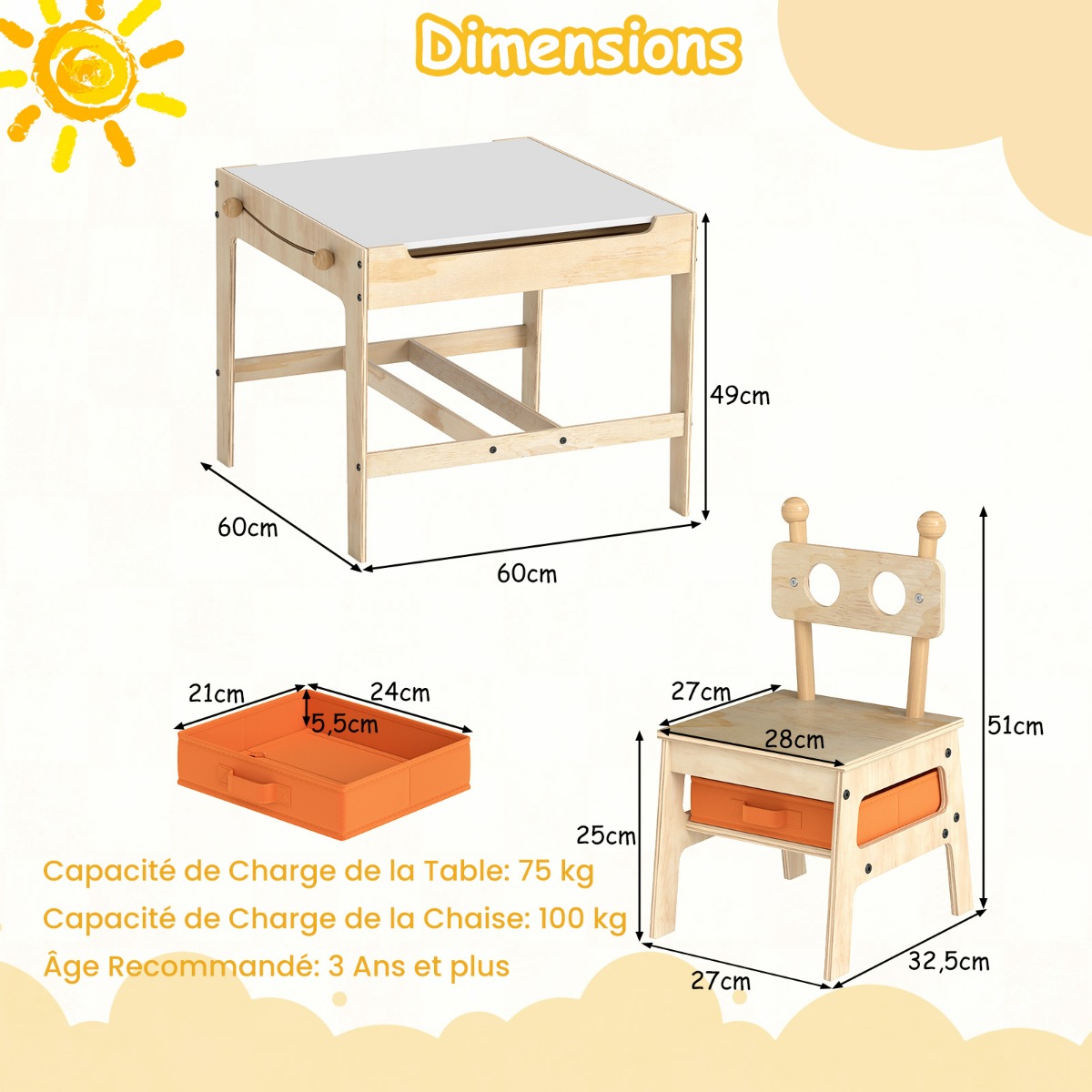 Vaikų stalas ir kėdės 60 x 60 x 49 cm 1 stalas, 2 kėdės, 2 dėžės 2