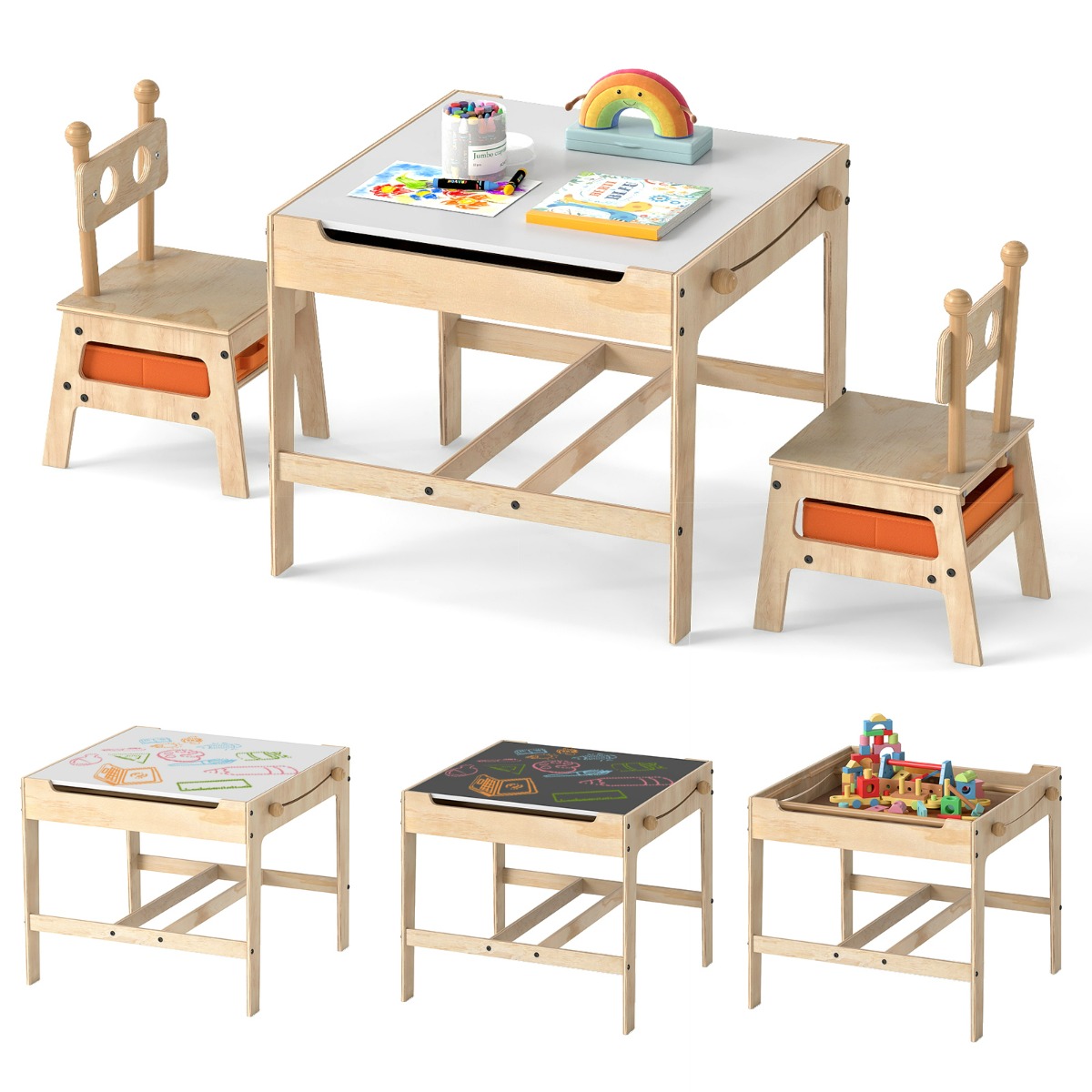 Vaikų stalas ir kėdės 60 x 60 x 49 cm 1 stalas, 2 kėdės, 2 dėžės