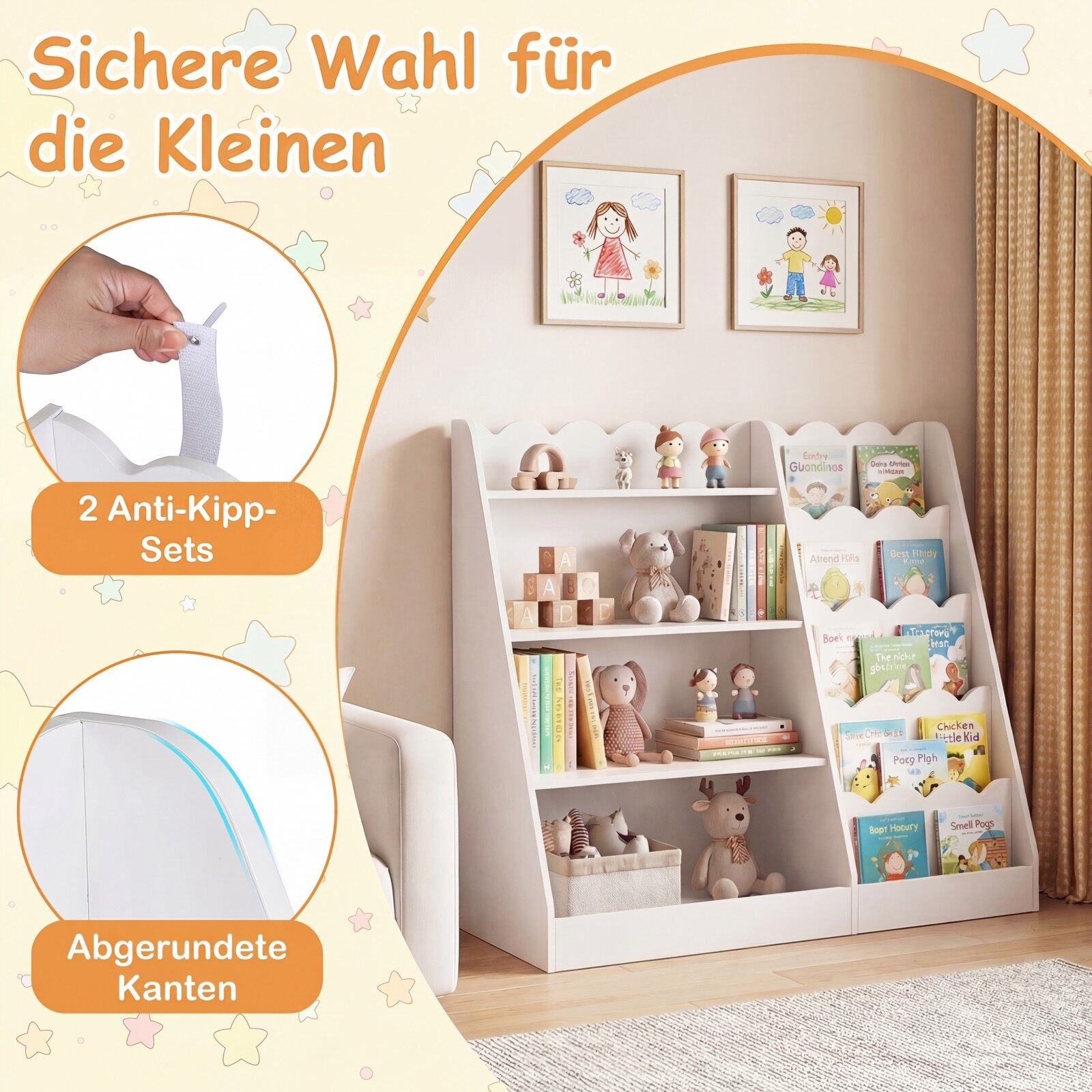 Vaikiška knygų lentyna su 5 banguotomis pakopomis ir 4 atviromis lentynomis, natūrali/balta, 90 × 40 × 80,5 cm