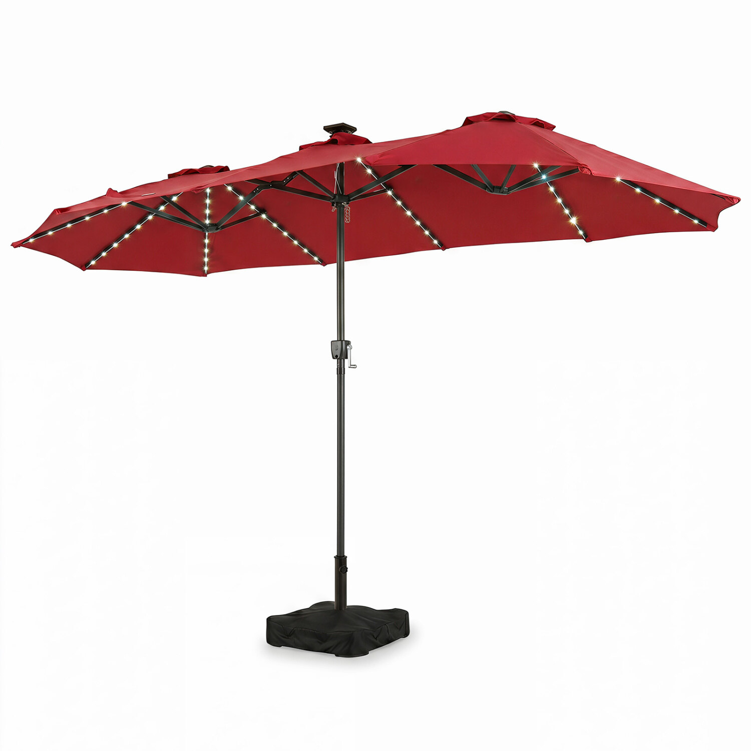 Dvipusis sodo skėtis su 108 LED lemputėmis, vyno raudonos spalvos, 368,8 × 201,2 × 231,6 cm