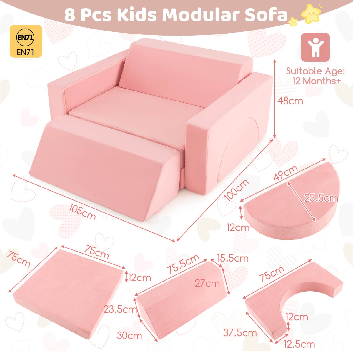 Vaikų modulinė sofa Pilka/Rožinė 8 vnt. 3