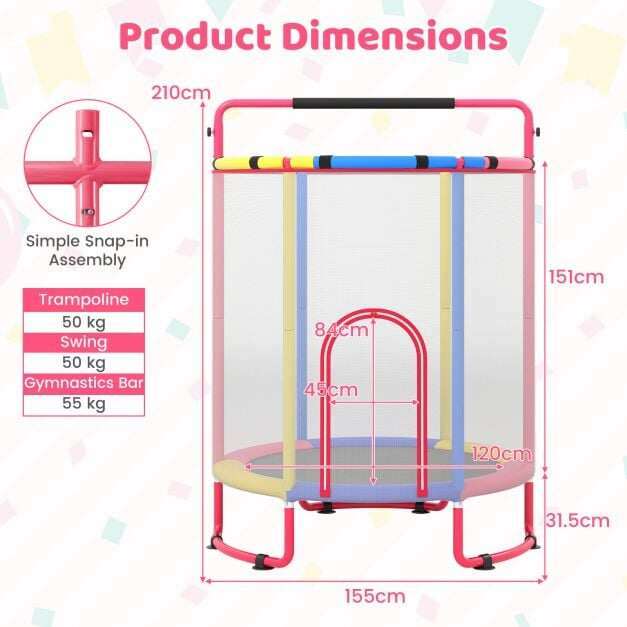 Batutas 6 viename su gimnastikos skersiniu, įvairiaspalvis, 154 x 154 x 210 cm