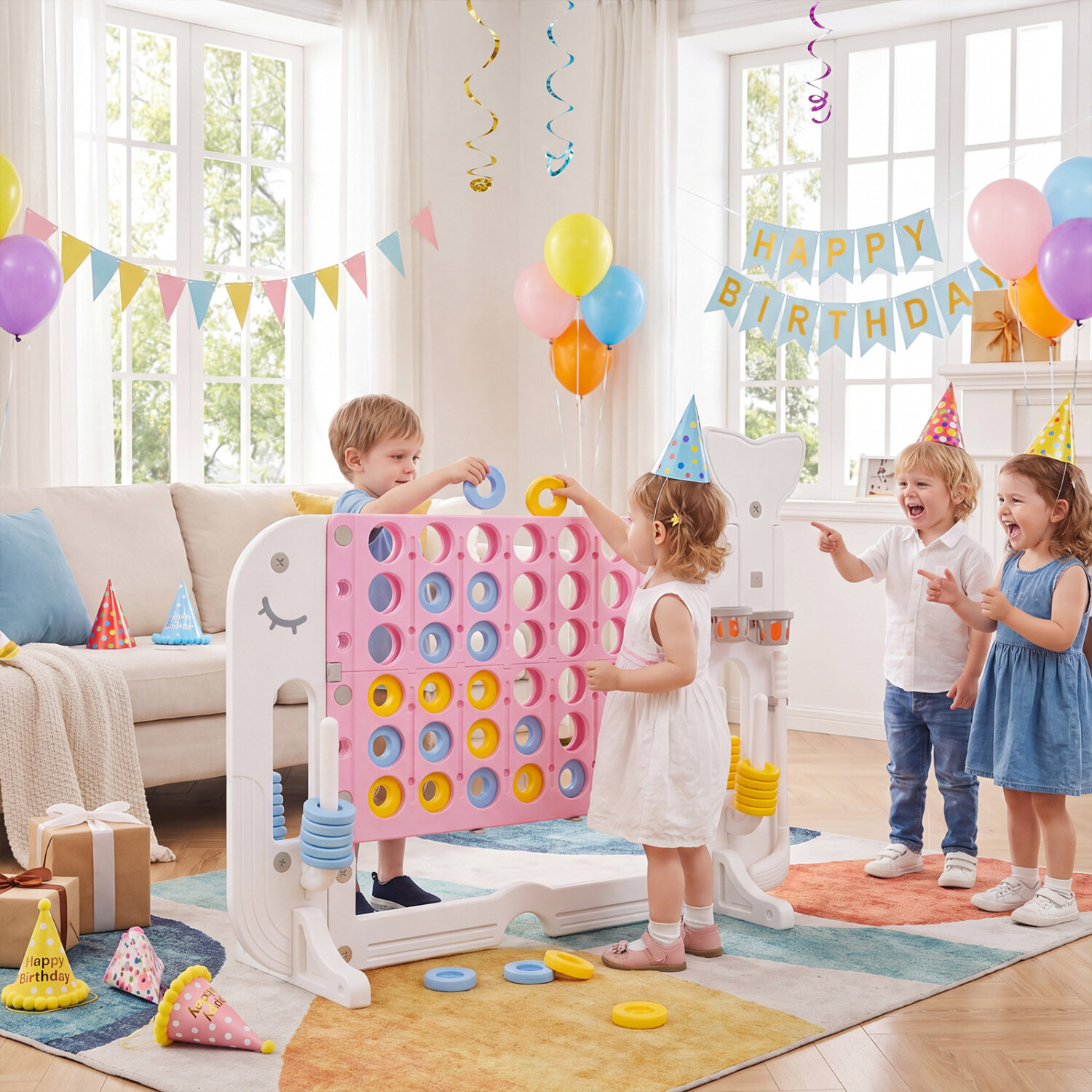 Spēļu komplekts „4 pēc kārtas“ ar riņķu mešanu, rozā, 139,7 × 47 × 108 cm 2