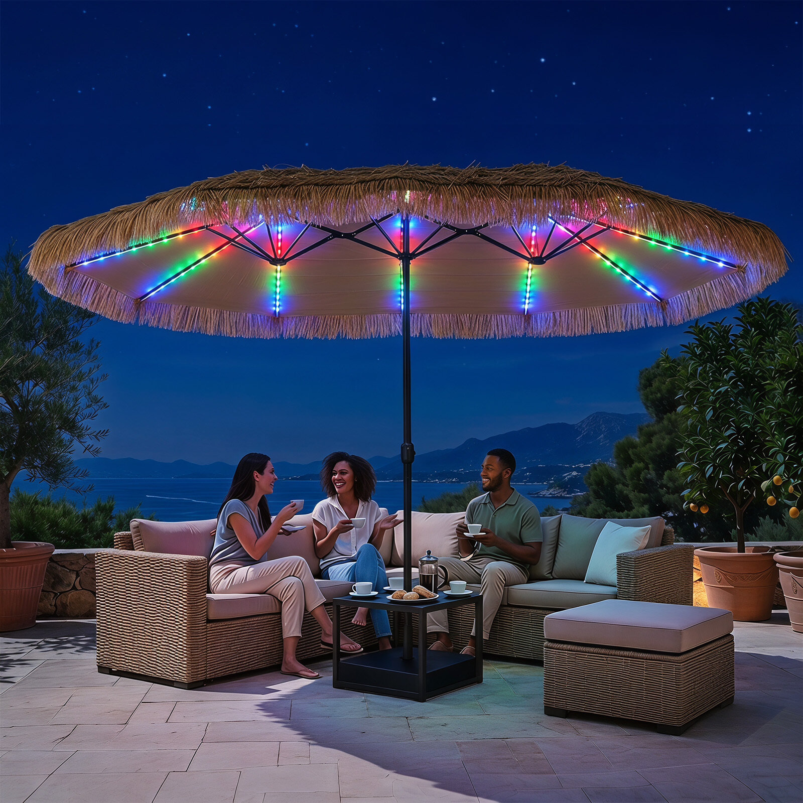 Dvipusis sodo skėtis su 144 LED lemputėmis, rudas ir juodas, 457,2 × 274,3 × 253 cm