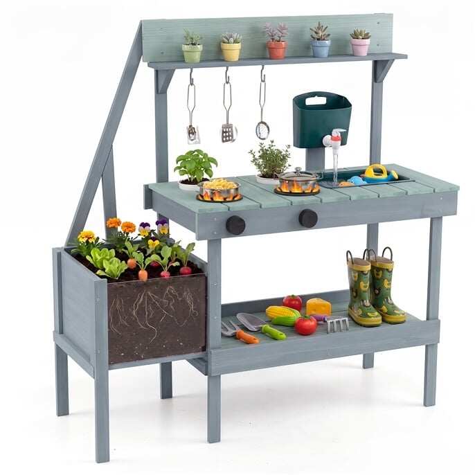 Lauko virtuvėlė su vandens bakeliu ir sodinimo dėže, žalia, 89,5 × 36,5 × 96 cm