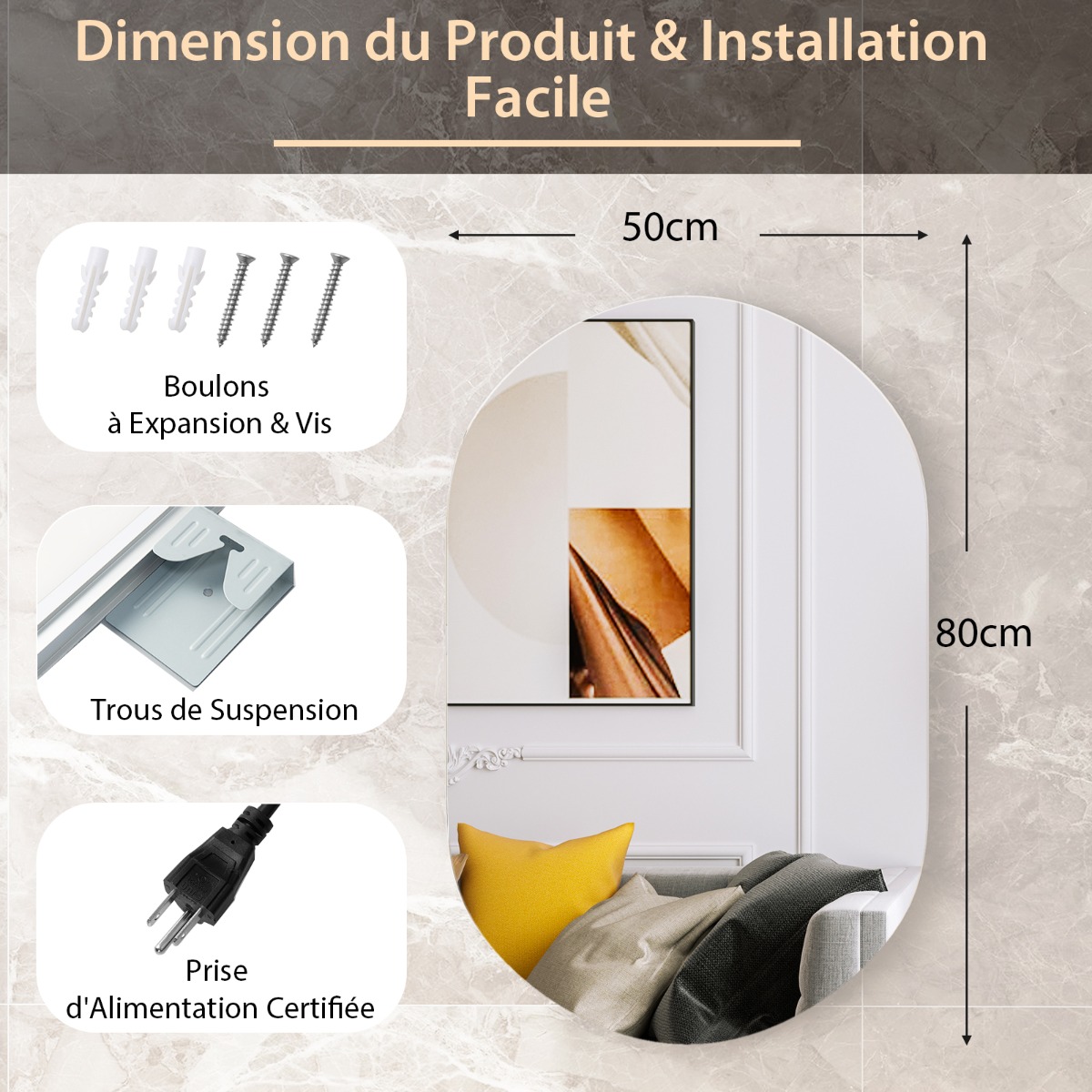 Sieninis LED veidrodis 80 x 50 cm