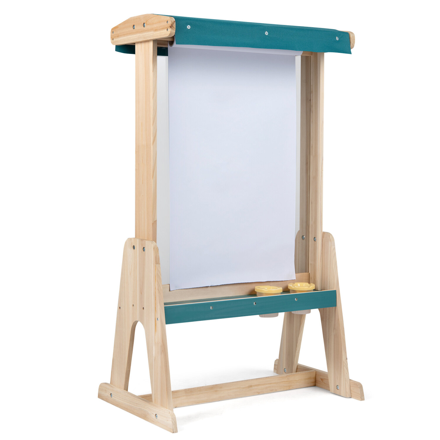 Vaikiškas molbertas su skaidria lenta ir popieriaus ritiniu, natūralios medienos ir žalios spalvos, 64,8 × 44,5 × 110,5 cm