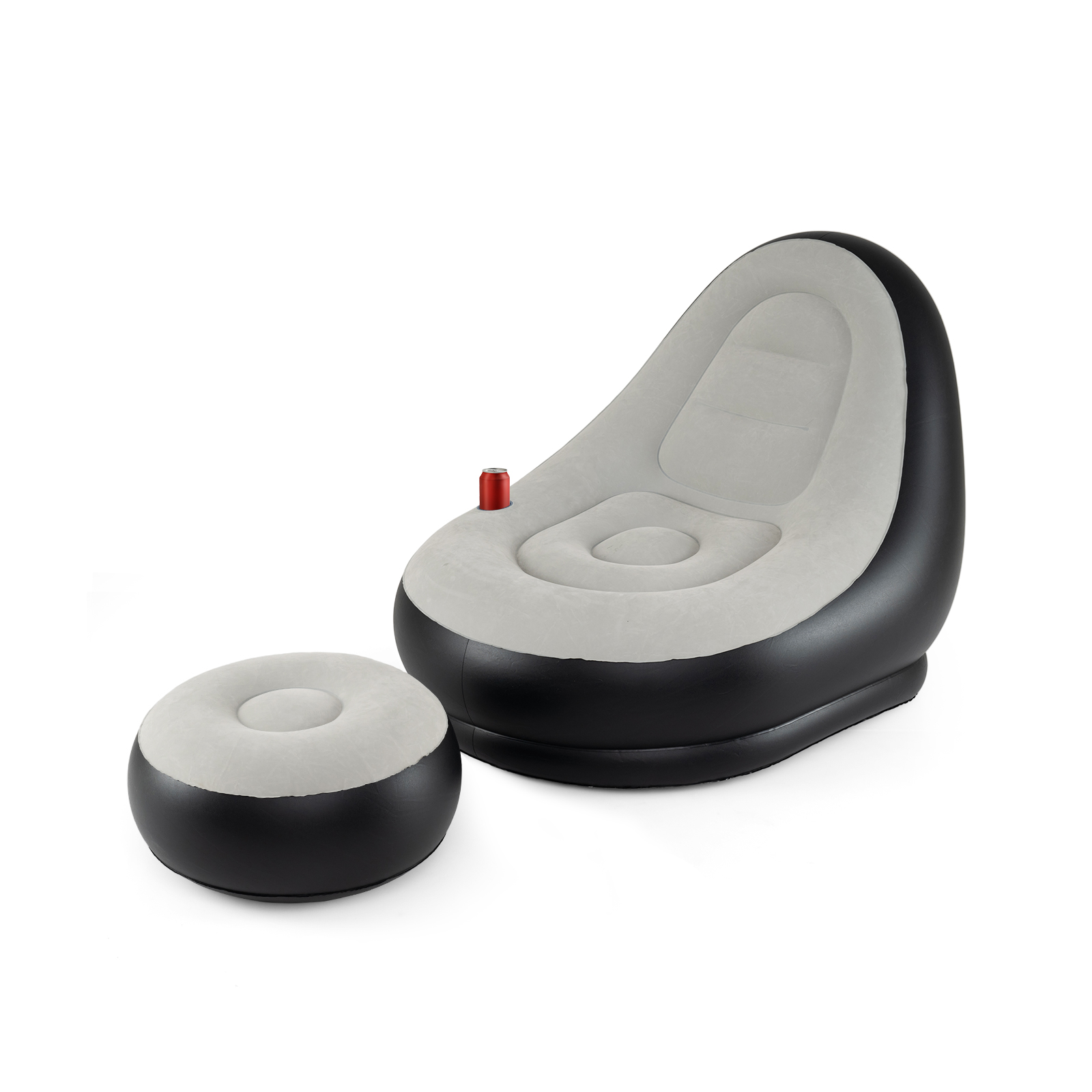 Pripučiama sofa su pufu pilka ir juoda