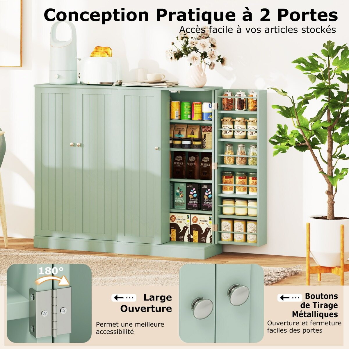 Virtuves plaukts ar regulējamām plauktām un 2 durvīm, zaļš, 59 × 30 × 104 cm