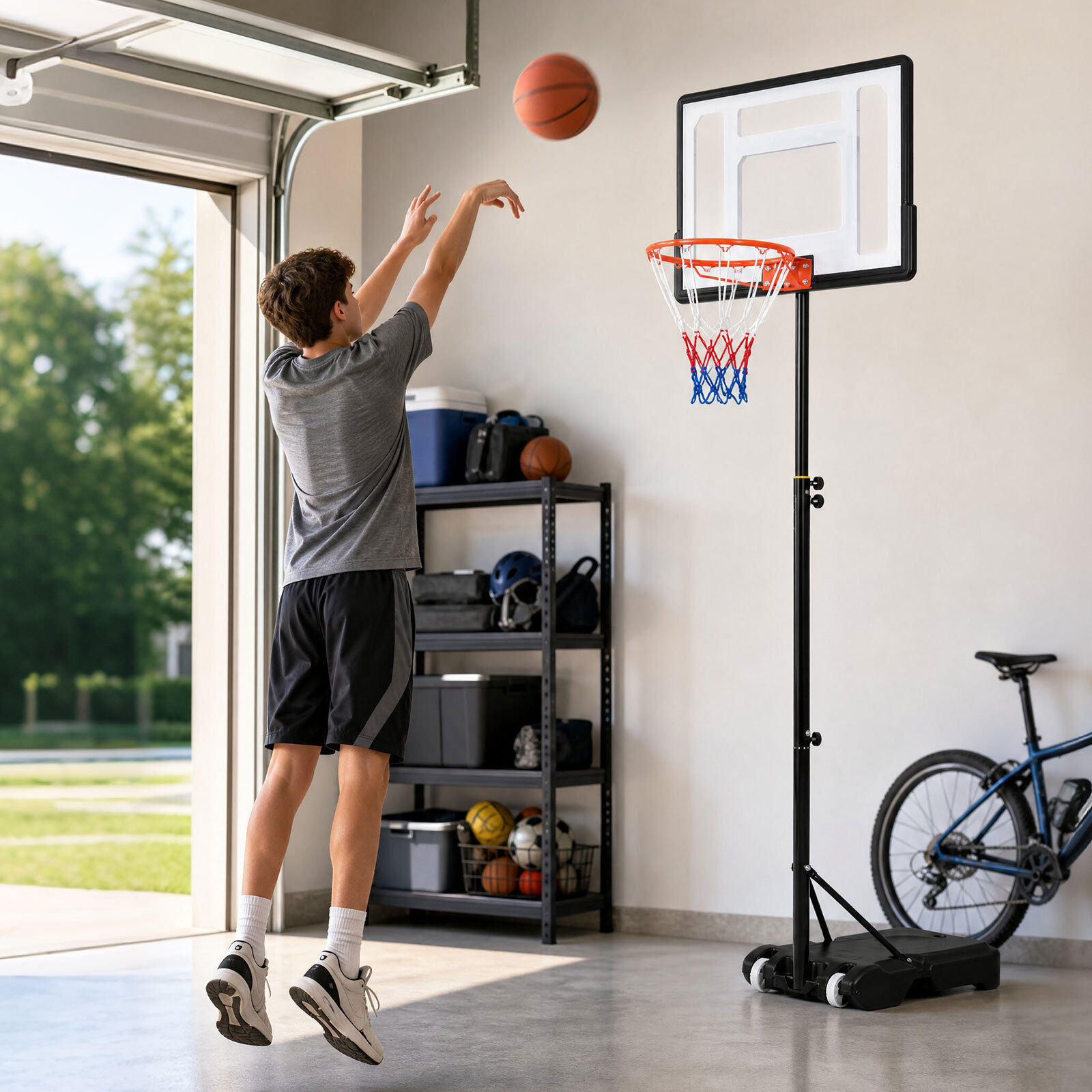 Basketbola statīvs ar regulējama augstuma grozu, melns, 76 × 46 × 263–308 cm