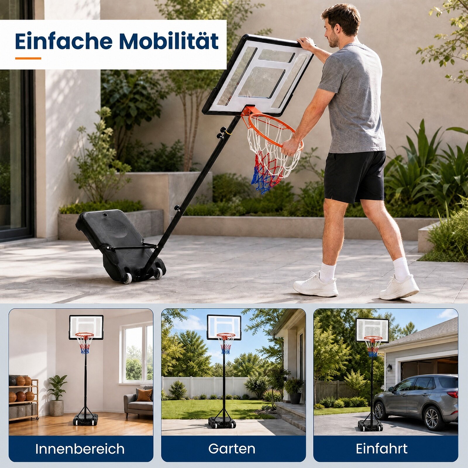 Basketbola statīvs ar regulējama augstuma grozu, melns, 76 × 46 × 263–308 cm 3