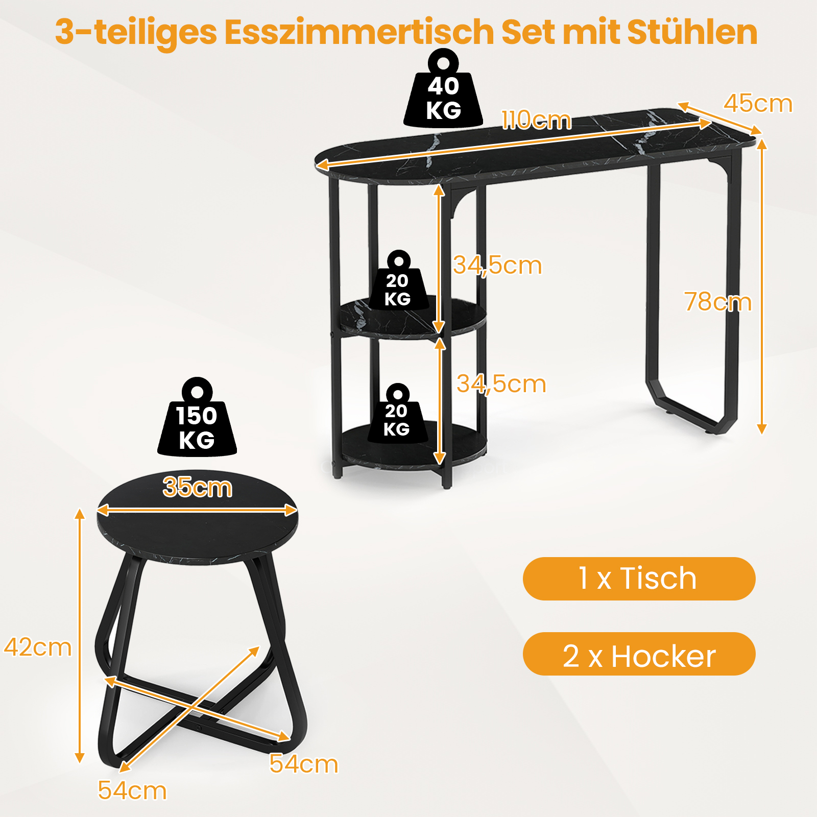 Stalo rinkinys 110 x 45 x 78 cm, 2 vnt. taburetės 2