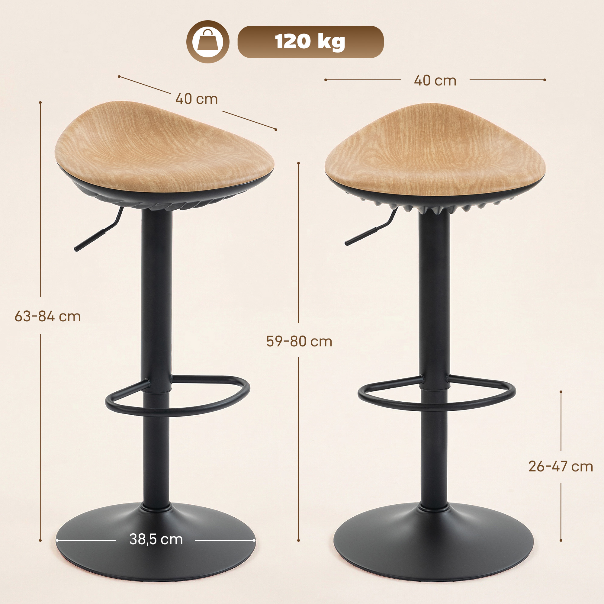 Bāra krēsli, regulējama augstuma, 360° rotējoši, ozola un melnas krāsas, 40 × 40 × 63–84 cm, 2 gab. 2