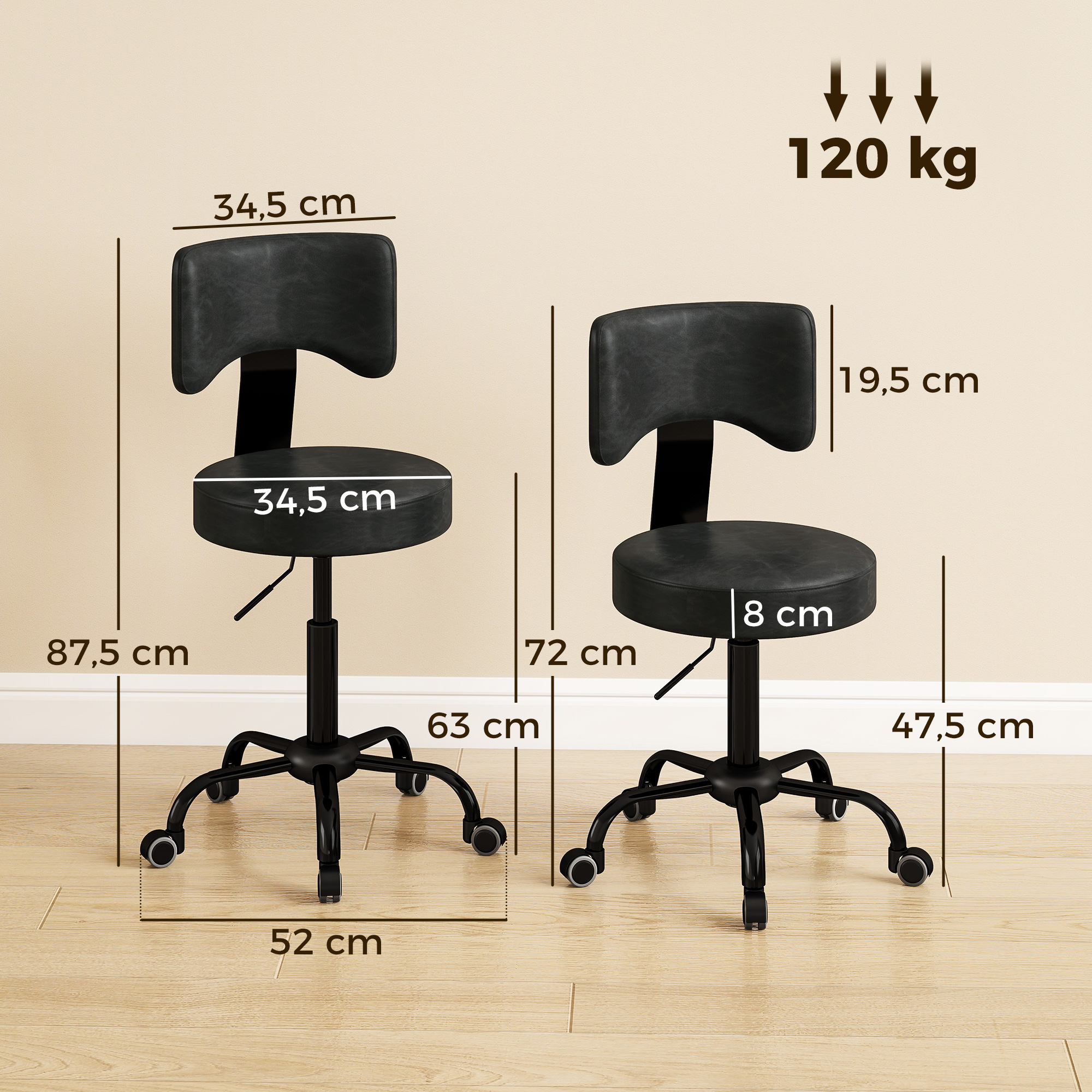 Saloninė taburetė su atlošu, juoda, 34,5 × 34,5 × 72–87,5 cm 2