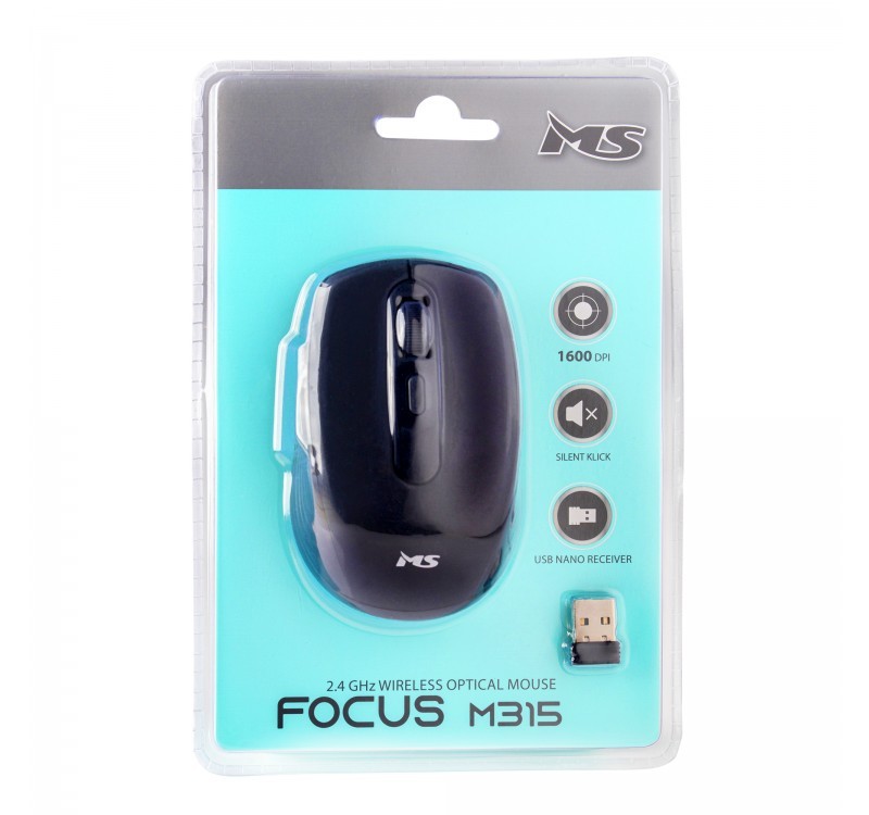 Belaidė optinė pelė focus m315, tylių paspaudimų technologija, 1600 dpi, juoda