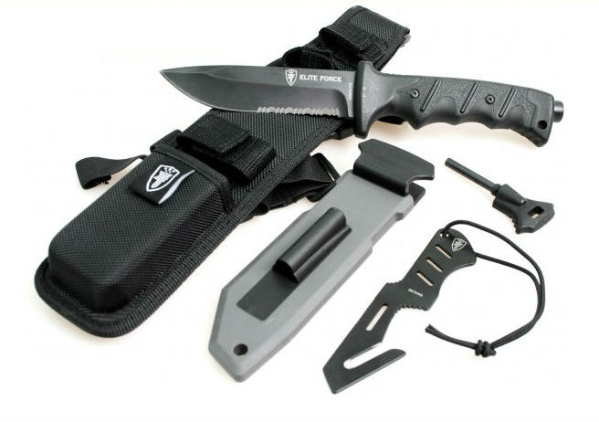 Elite Force Sulankstomas išgyvenimo peilis EF703 Kit, su deimantine galąstuve, su titnago akmeniu, juodas