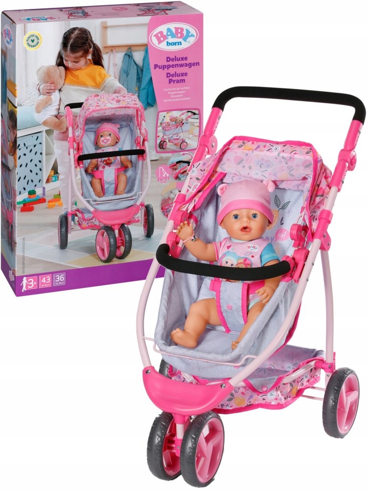 Baby born vežimėlis su baldakimu 36 ir 43 cm lėlėms, sulankstomas, 2 viename
