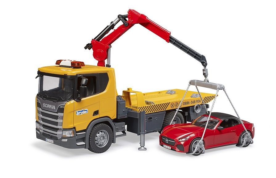 Tralas su kranu ir automobiliu scania bruder 3552